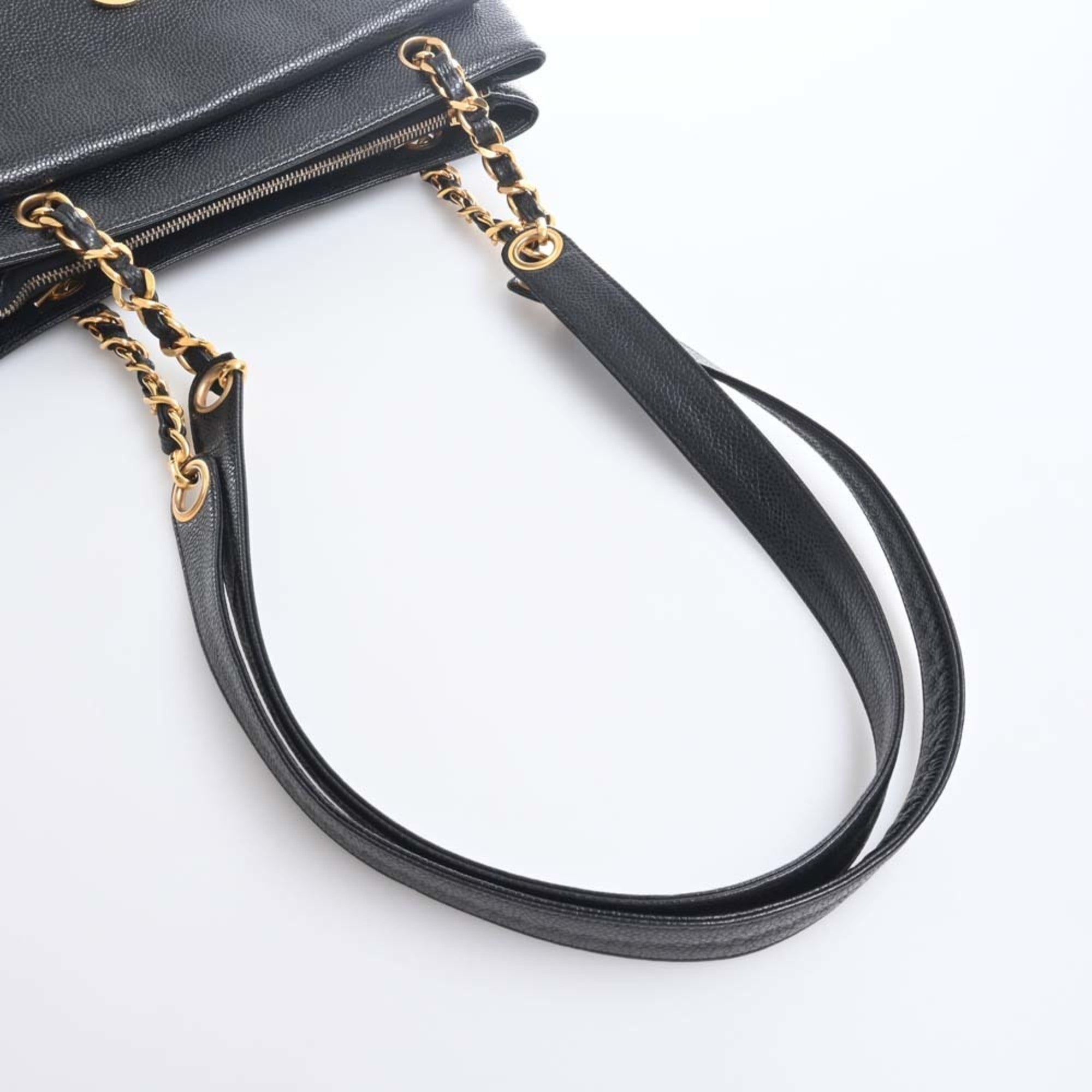 CHANEL Caviar Skin Coco Mark Chain Tote Bag Black Ladies