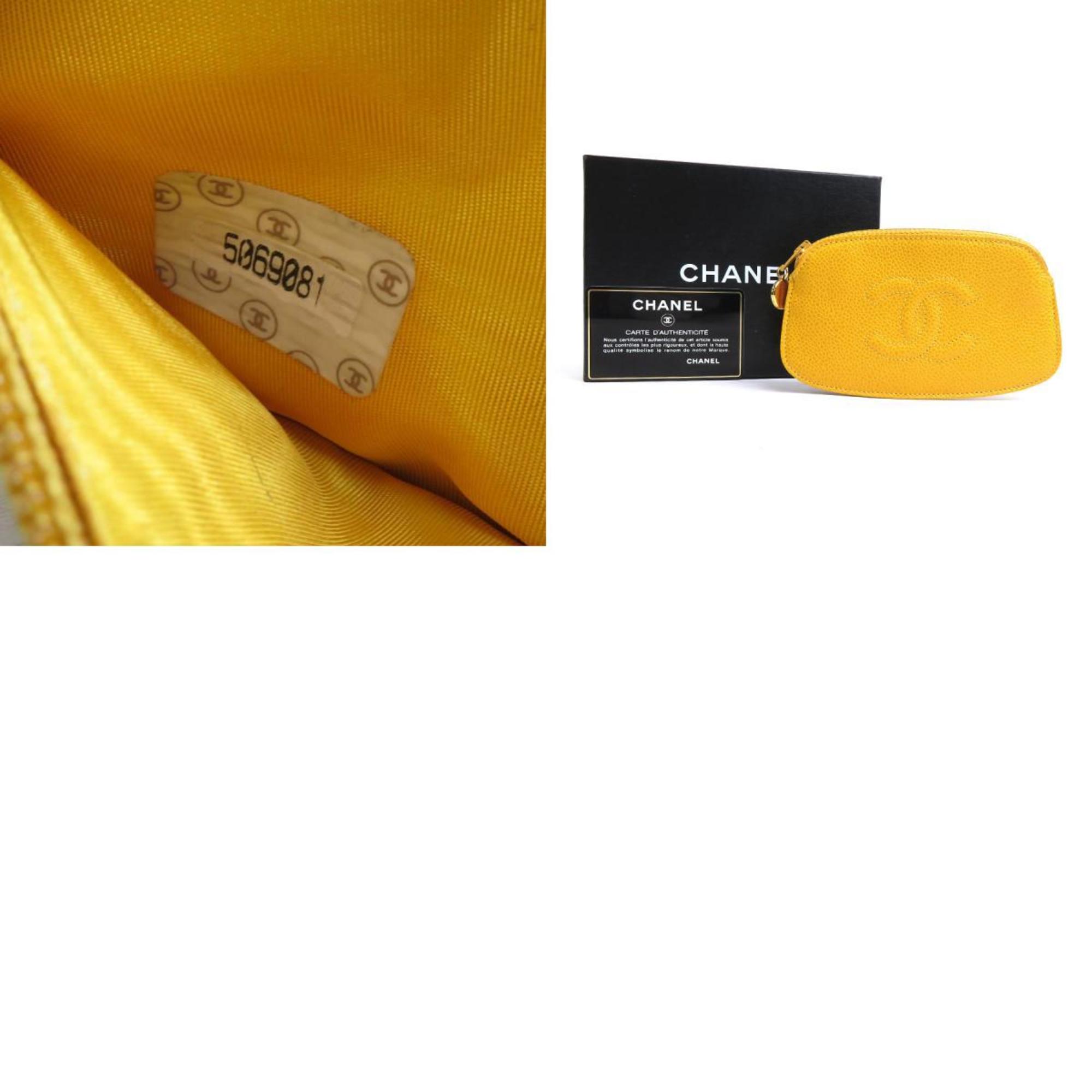 CHANEL Accessory Pouch Coco Mark Caviar Skin Leather Yellow Ladies