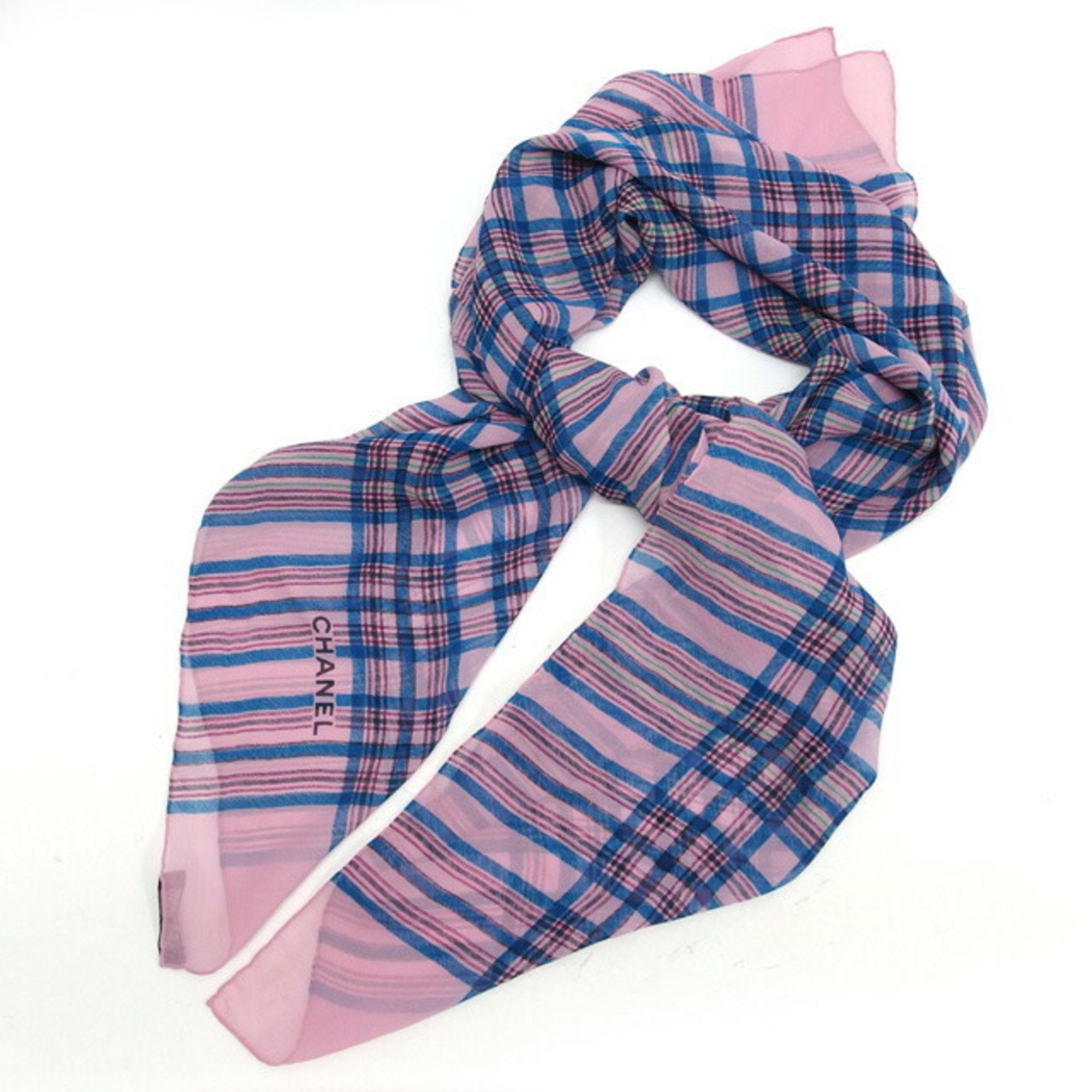 CHANEL Check Pattern Chiffon Large Stole Pink Multicolor