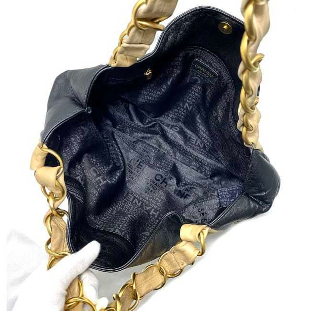CHANEL Chain Tote Bag Black Beige Gold Cocomark Leather Lambskin 7th  Big Soft