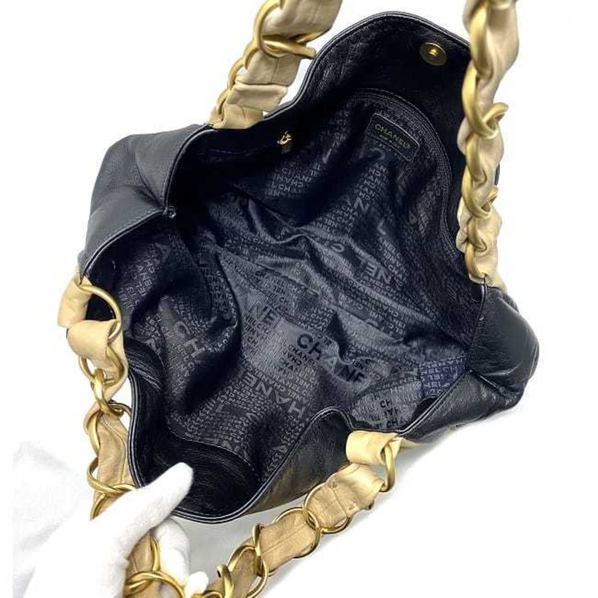 CHANEL Chain Tote Bag Black Beige Gold Cocomark Leather Lambskin 7th  Big Soft