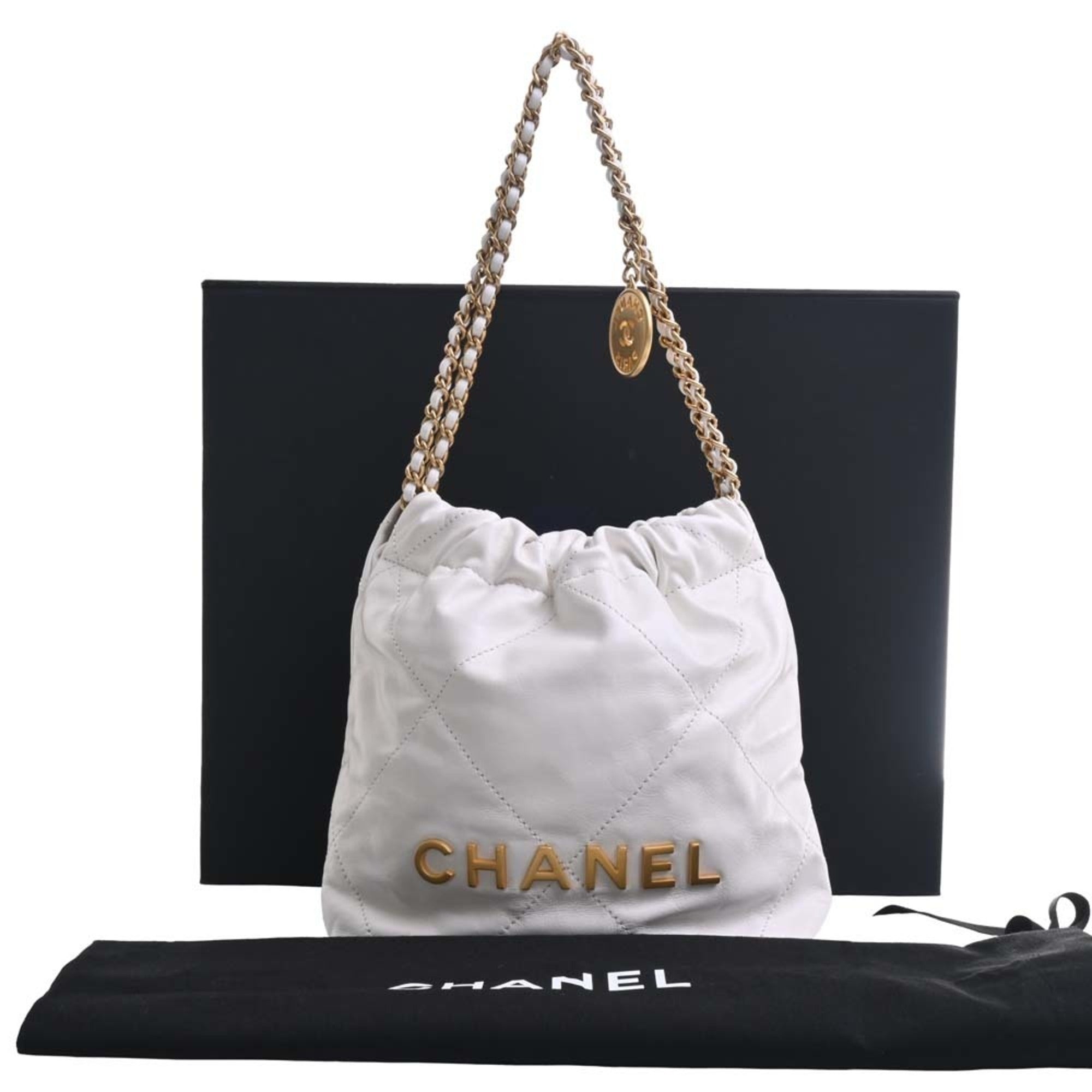 CHANEL Leather 22 Handbag Chain Shoulder Bag White Ladies