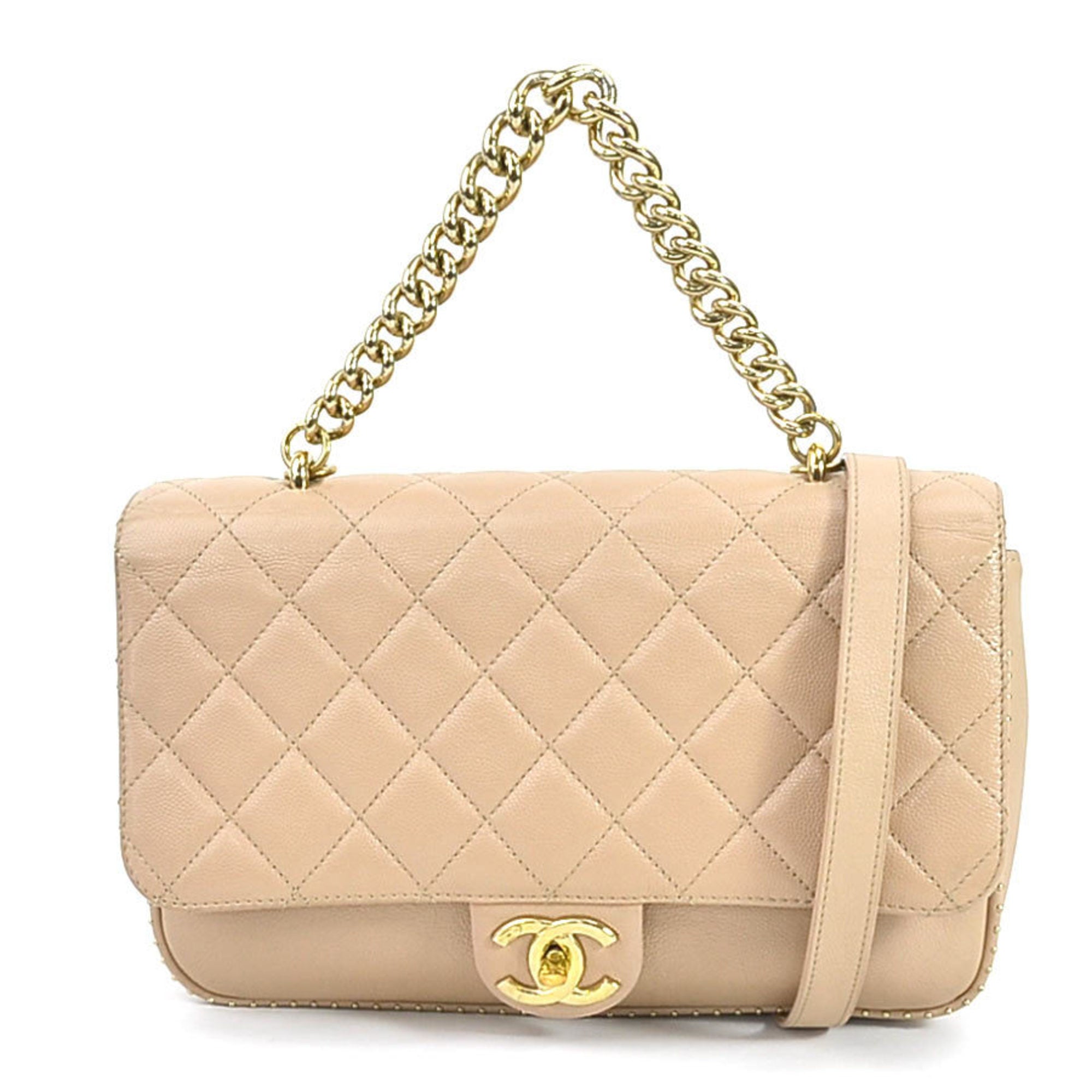 CHANEL Diagonal Shoulder Bag Cocomark Matrasse Caviar Skin Leather Beige Gold Unisex 99540a
