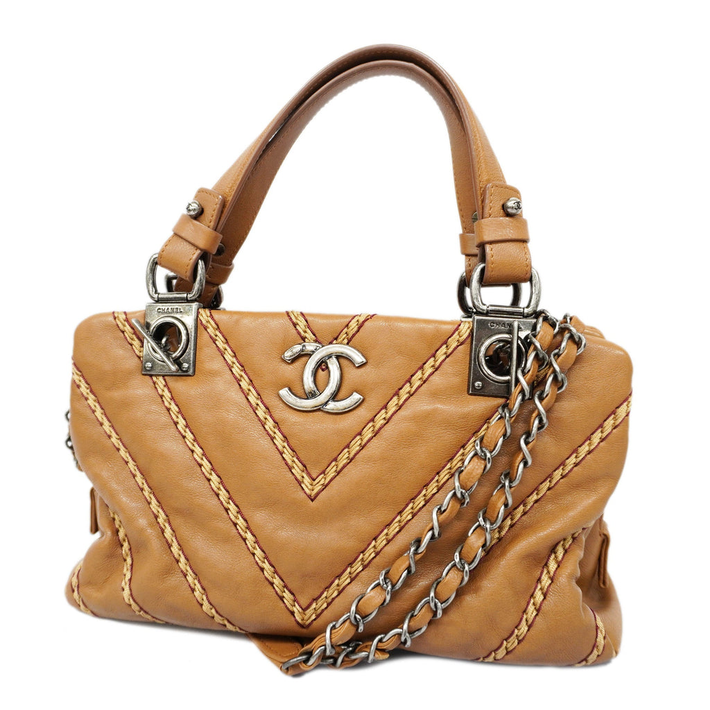CHANELAuth  2WAY Bag V Stitch Chain Shoulder Women's Leather Handbag
