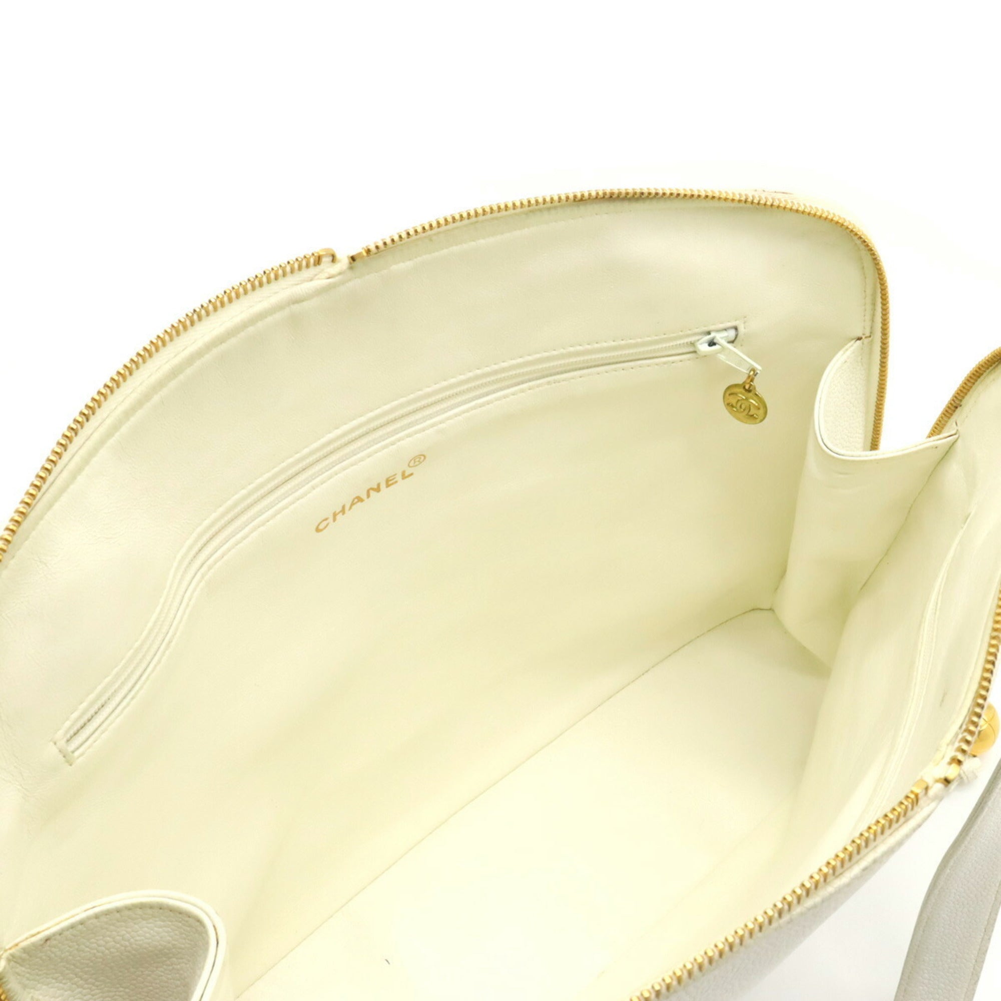 CHANEL Coco Ball Mark Tote Bag Shoulder Caviar Skin Leather White