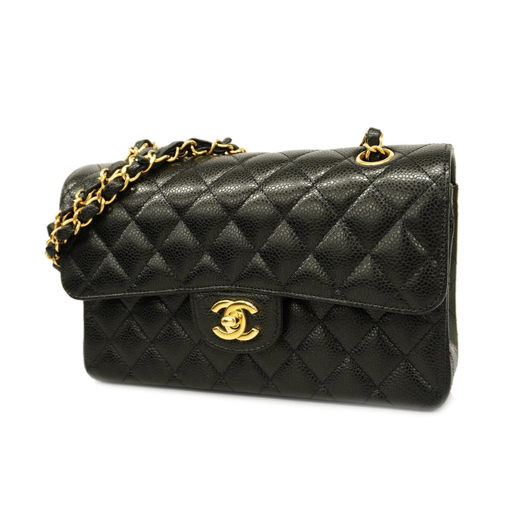CHANELAuth  Matelasse W Flap W Chain Women's Leather Shoulder Bag Black