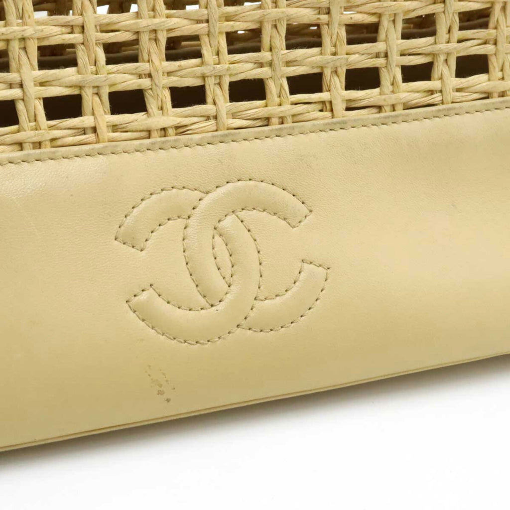 CHANEL Tote Bag Shoulder Chain Basket Straw Leather Beige Natural