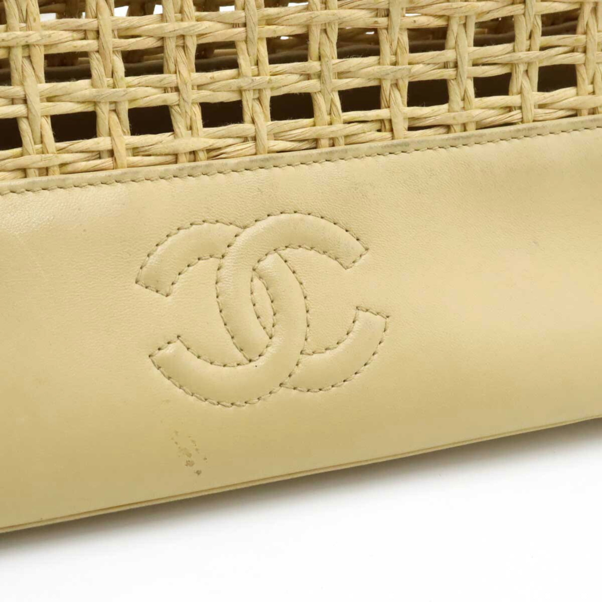 CHANEL Tote Bag Shoulder Chain Basket Straw Leather Beige Natural