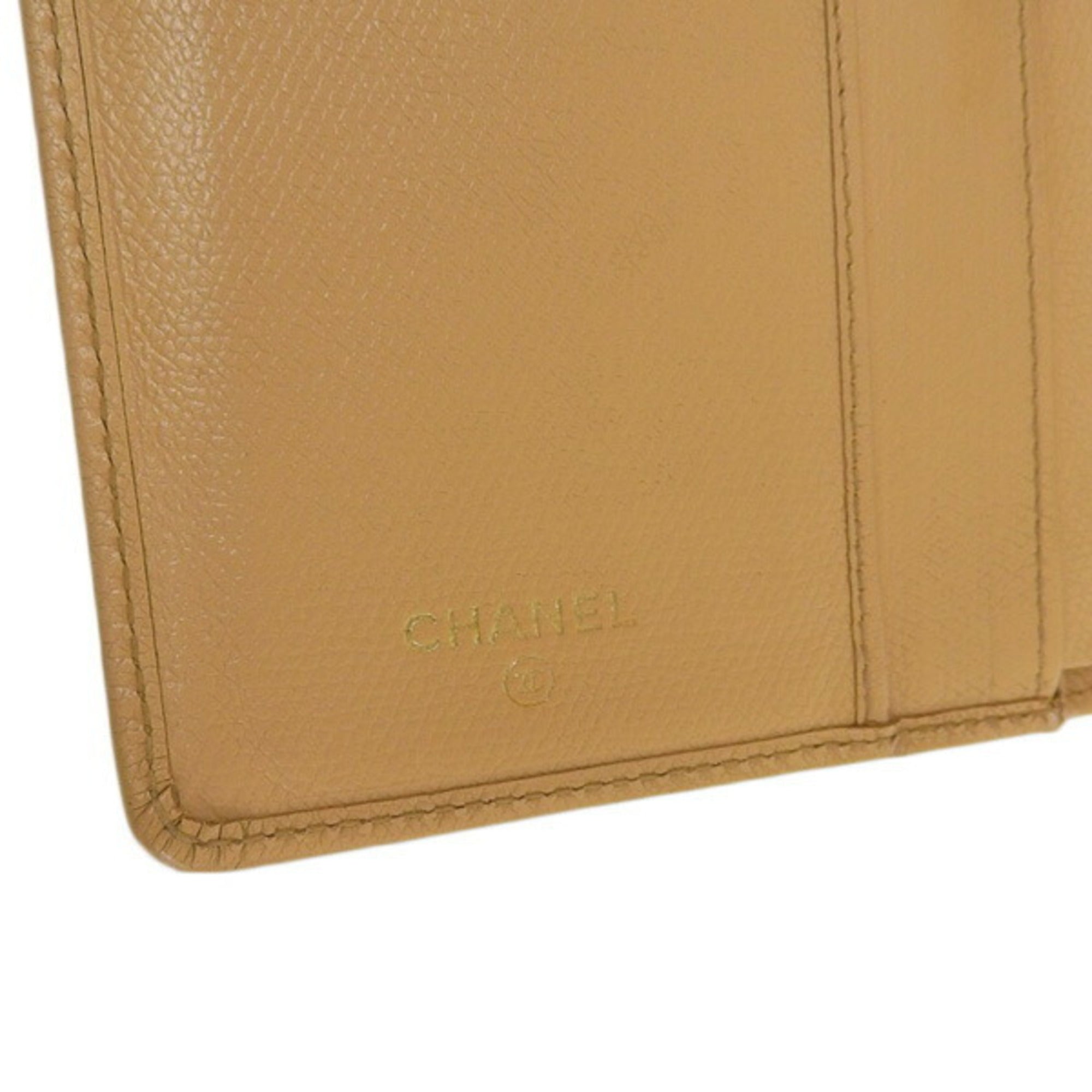 CHANEL Leather Coco Button Bifold Long Wallet Beige Ladies
