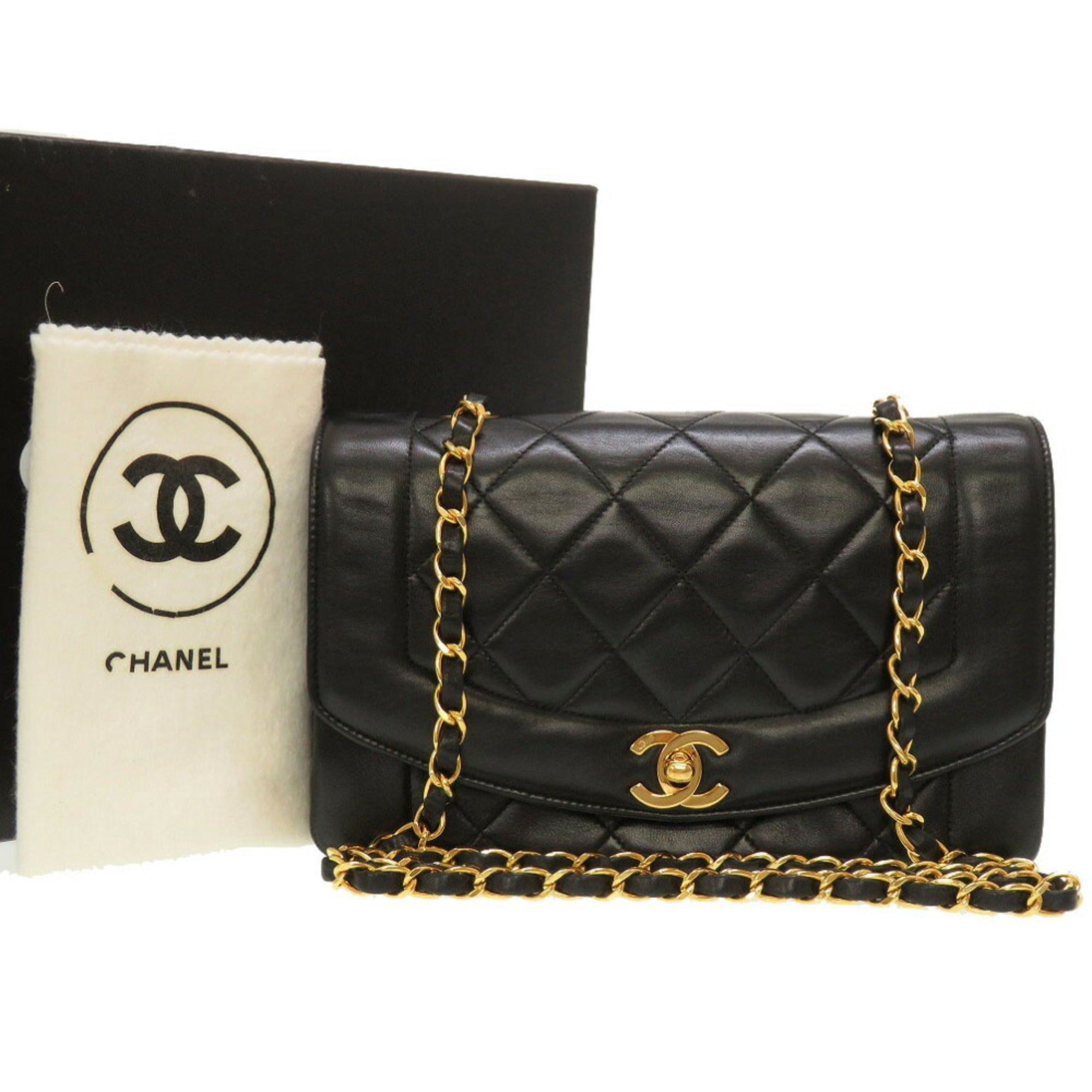 CHANEL Diana 22 Lambskin Black No. 4 Gold Chain Shoulder Bag Matelasse Coco Mark Turnlock