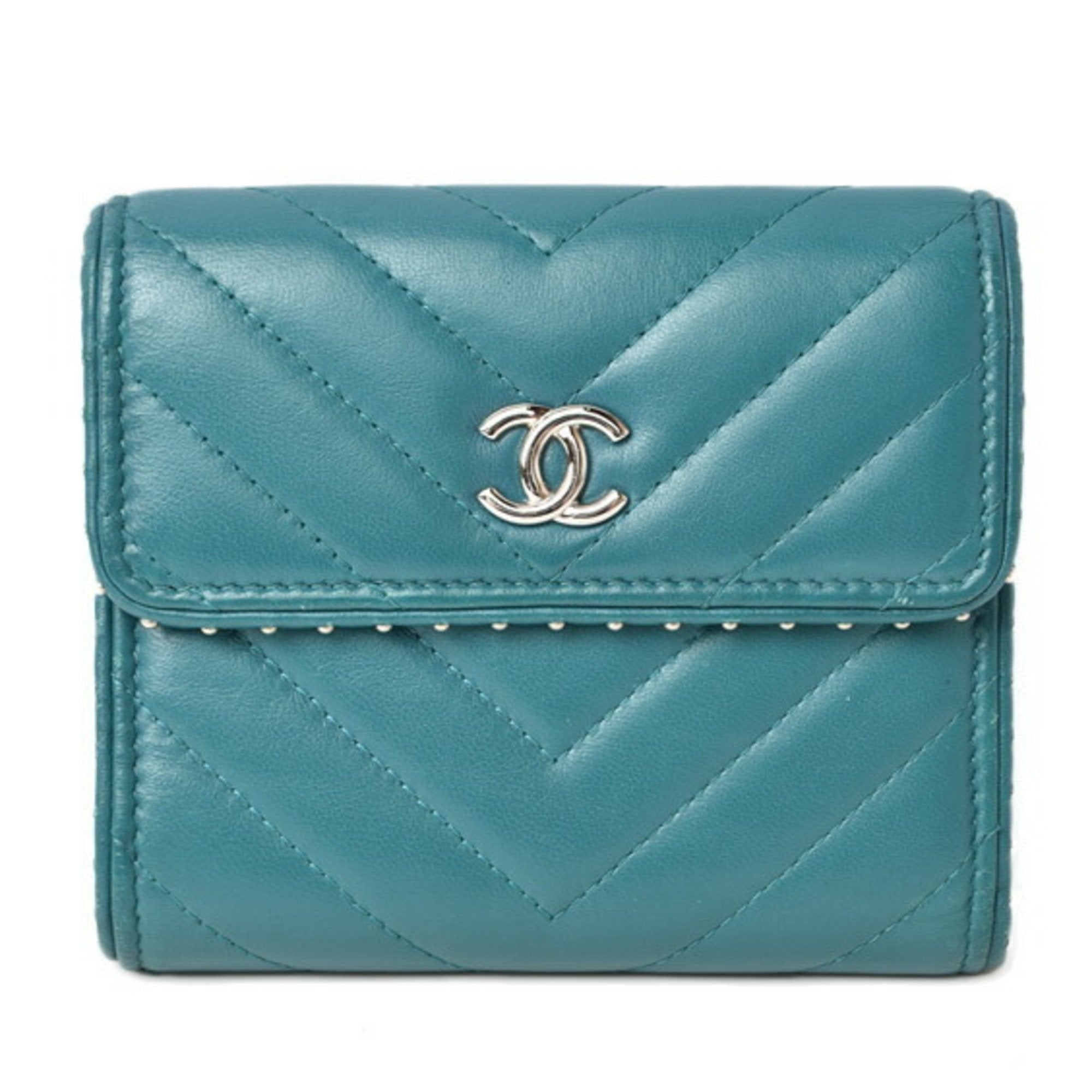CHANEL wallet  chevron studs turquoise blue
