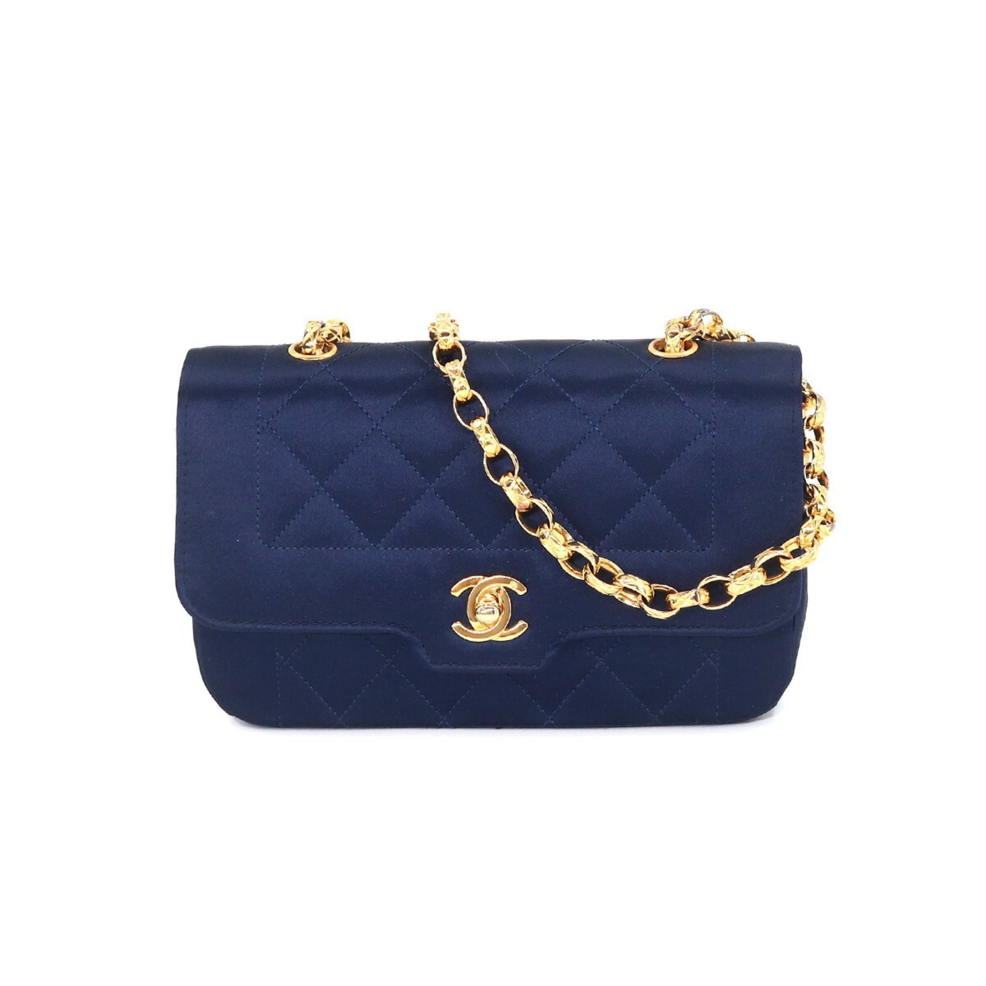 CHANEL Matelasse Bijou Chain Shoulder Bag Satin Navy Gold Hardware Vintage