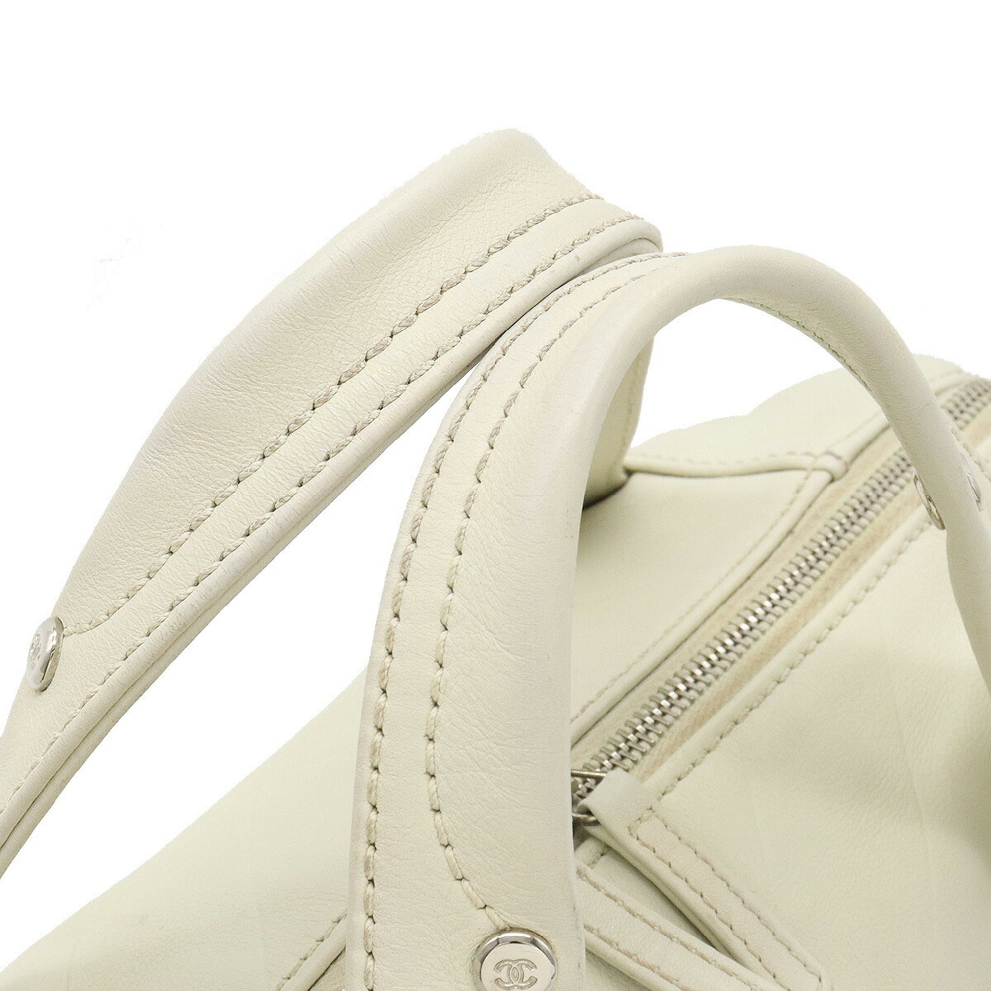 CHANEL Chevron V stitch here mark Boston bag handbag leather ivory A91136