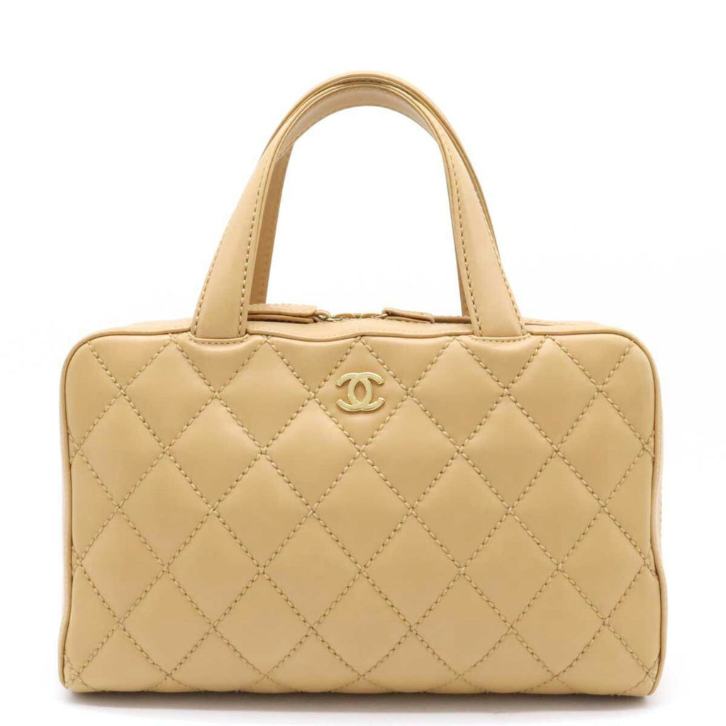 CHANEL Wild Stitch Handbag Boston Bag Leather Beige A14692