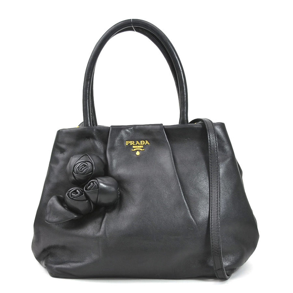 PRADA handbag shoulder bag leather black gold ladies