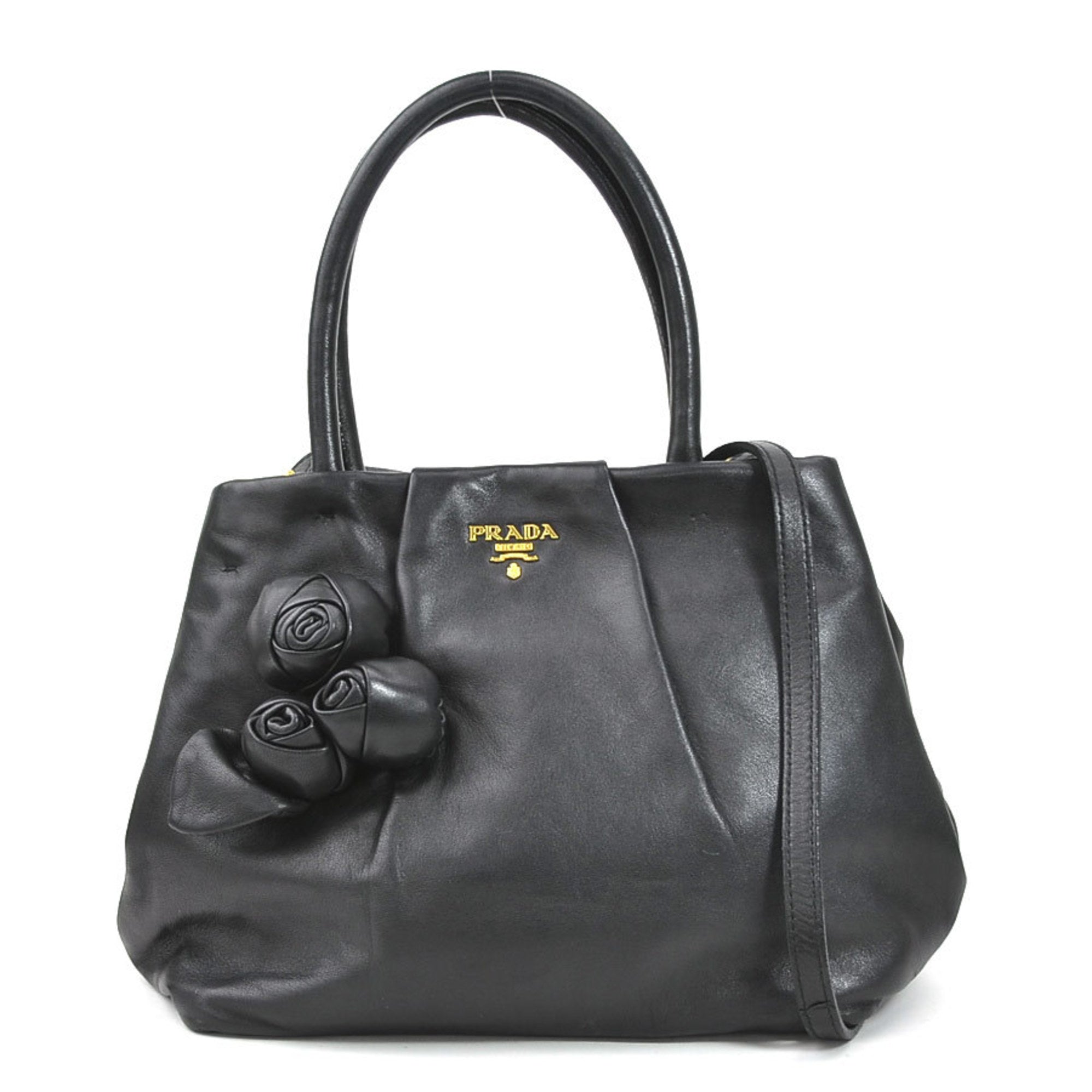 PRADA handbag shoulder bag leather black gold ladies