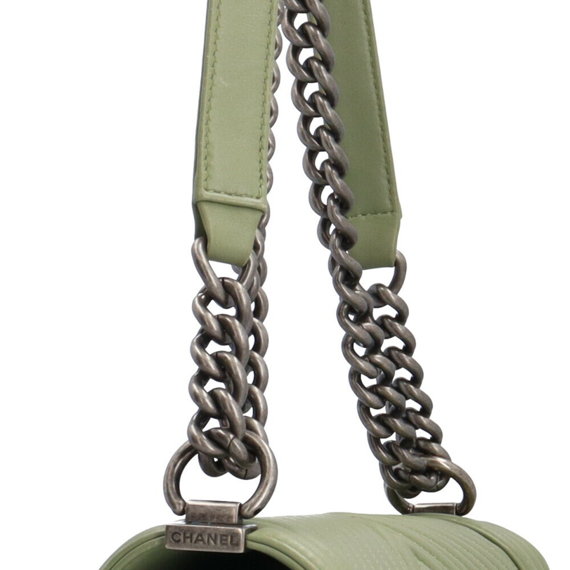 CHANEL Boy  V Stitch Shoulder Bag Lambskin Green Women's