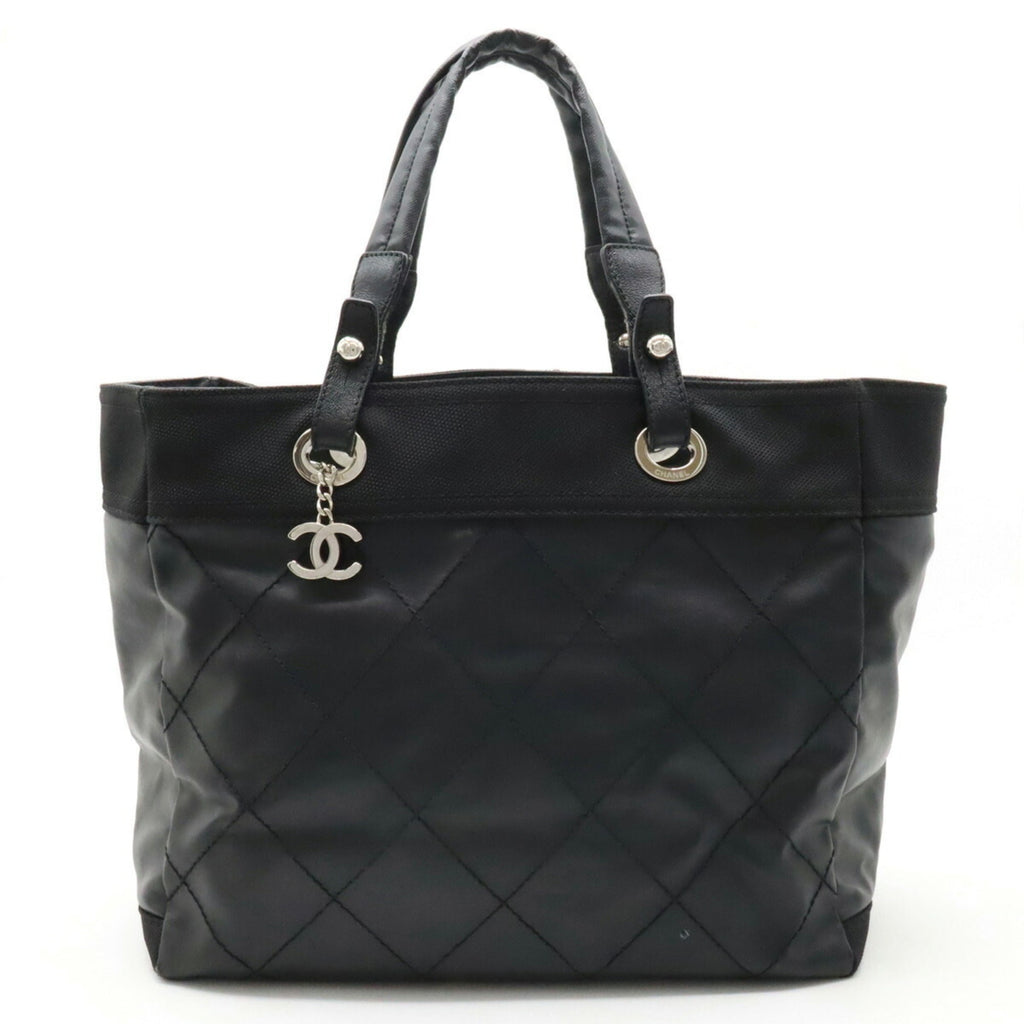 CHANEL Paris Biarritz Tote MM Bag Handbag Coated Canvas Black A34209
