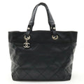 CHANEL Paris Biarritz Tote MM Bag Handbag Coated Canvas Black A34209