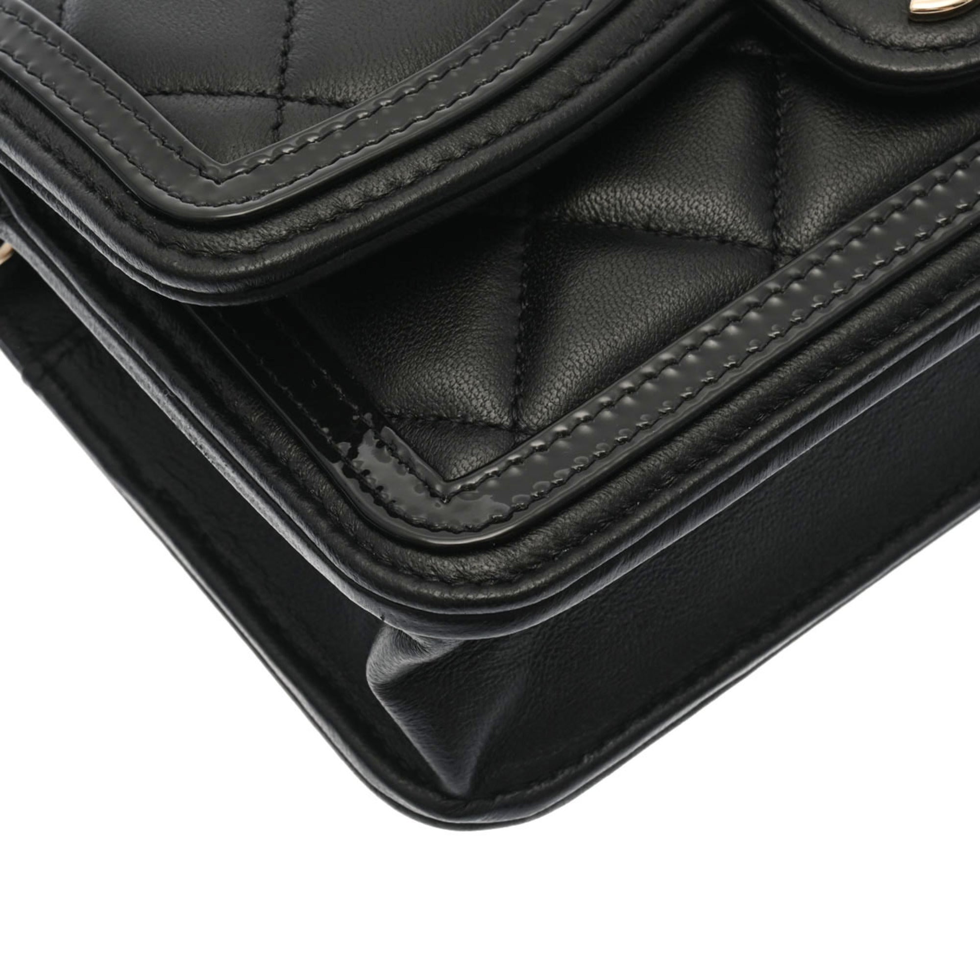 CHANEL Matelasse Phone Case Black AP3559 Ladies Lambskin Enamel Shoulder Bag