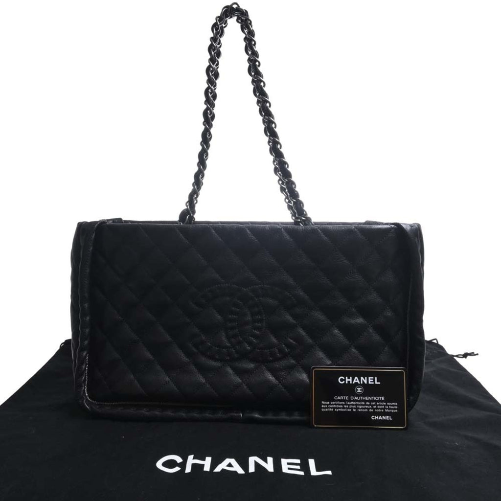 CHANEL Leather Matelasse Coco Mark Chain Tote Bag Black Ladies