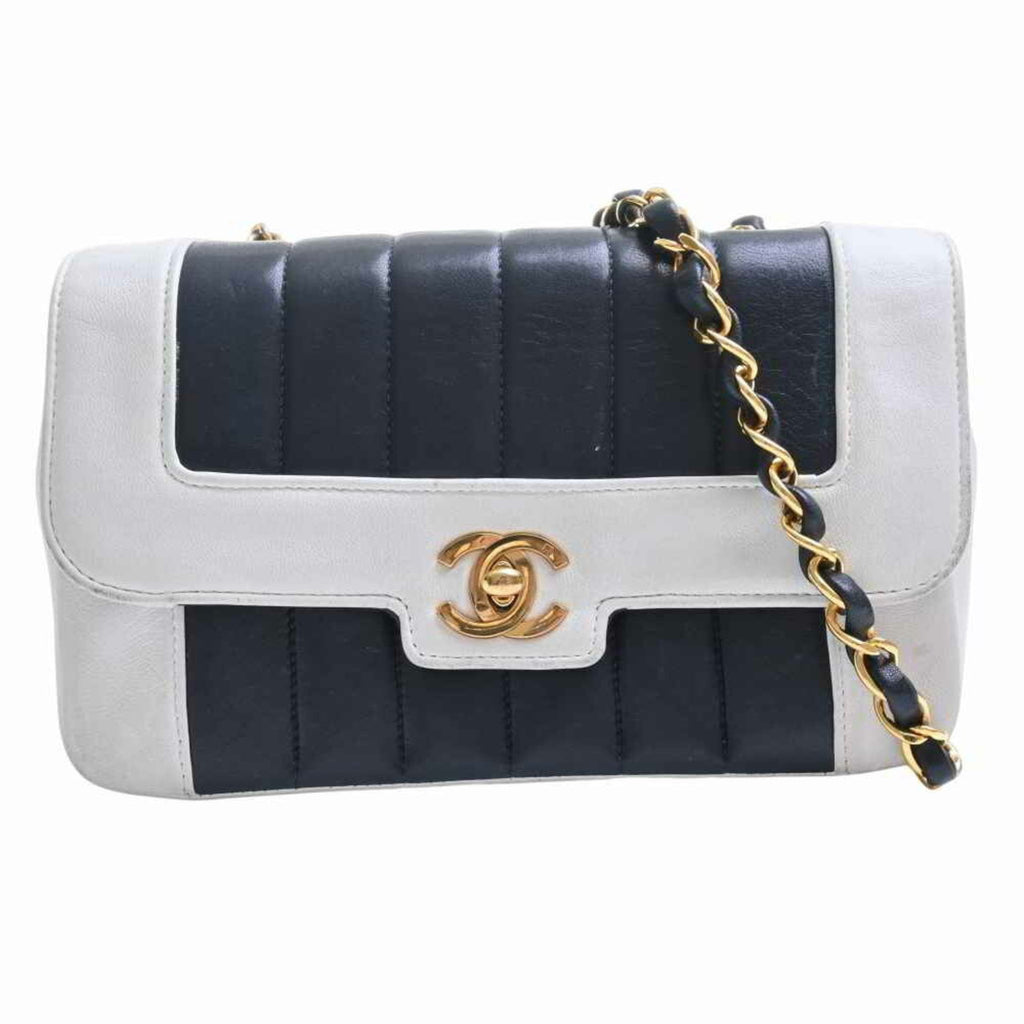 Chanel Lambskin Mademoiselle Coco Mark Mini Chain Shoulder Bag Navy White