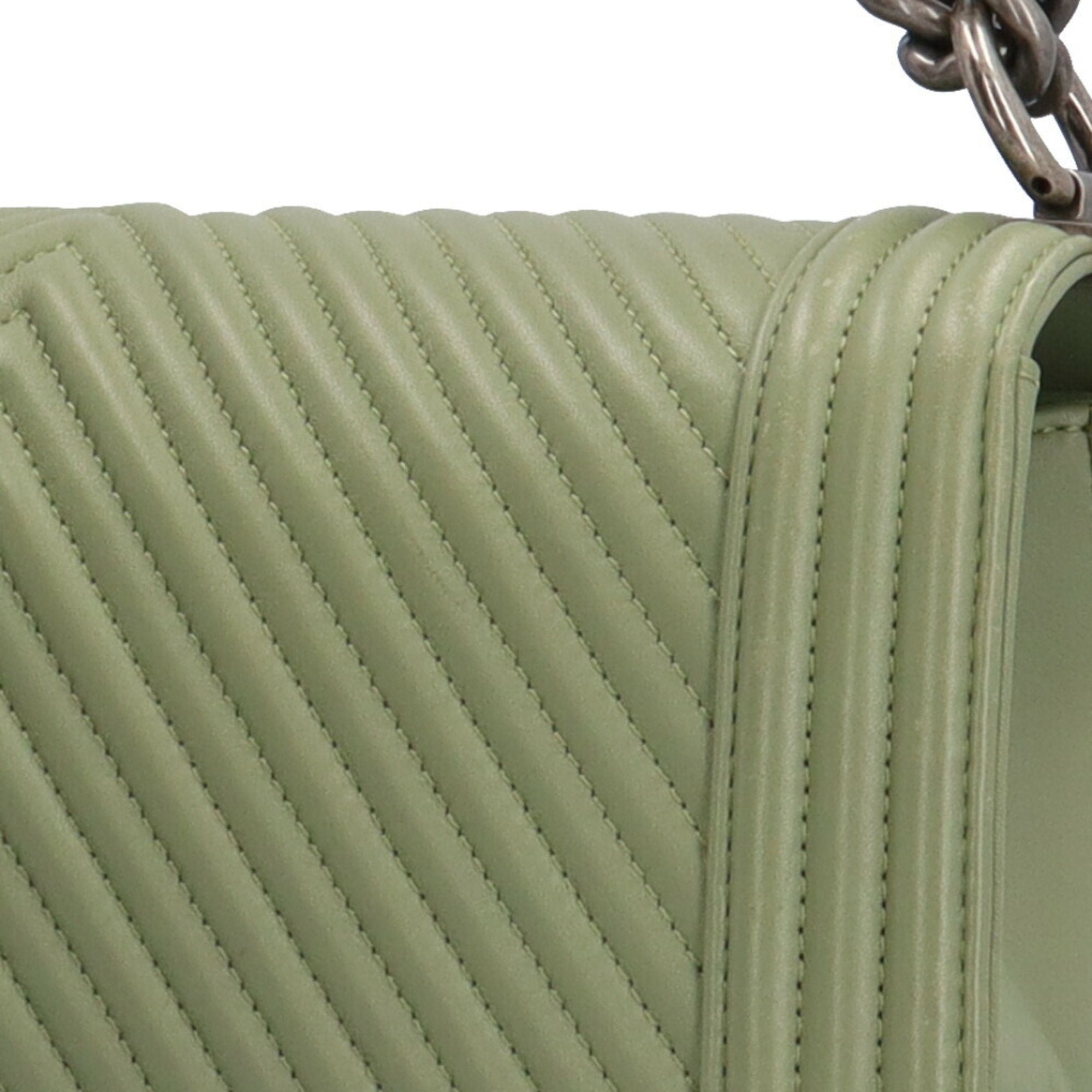 CHANEL Boy  V Stitch Shoulder Bag Lambskin Green Women's