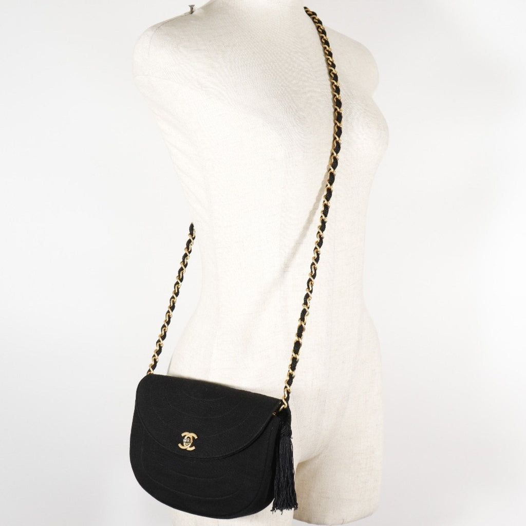 CHANEL Chain Shoulder Bag Coco Mark Tassel Vintage Cotton France Black/Gold Hardware Crossbody Turn Lock ChainShoulder Women's
