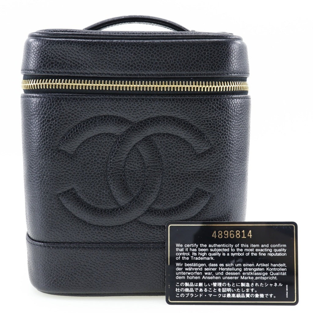 CHANEL Vanity Handbag Coco Mark Matte Caviar Skin Made in France Black Zipper Ladies