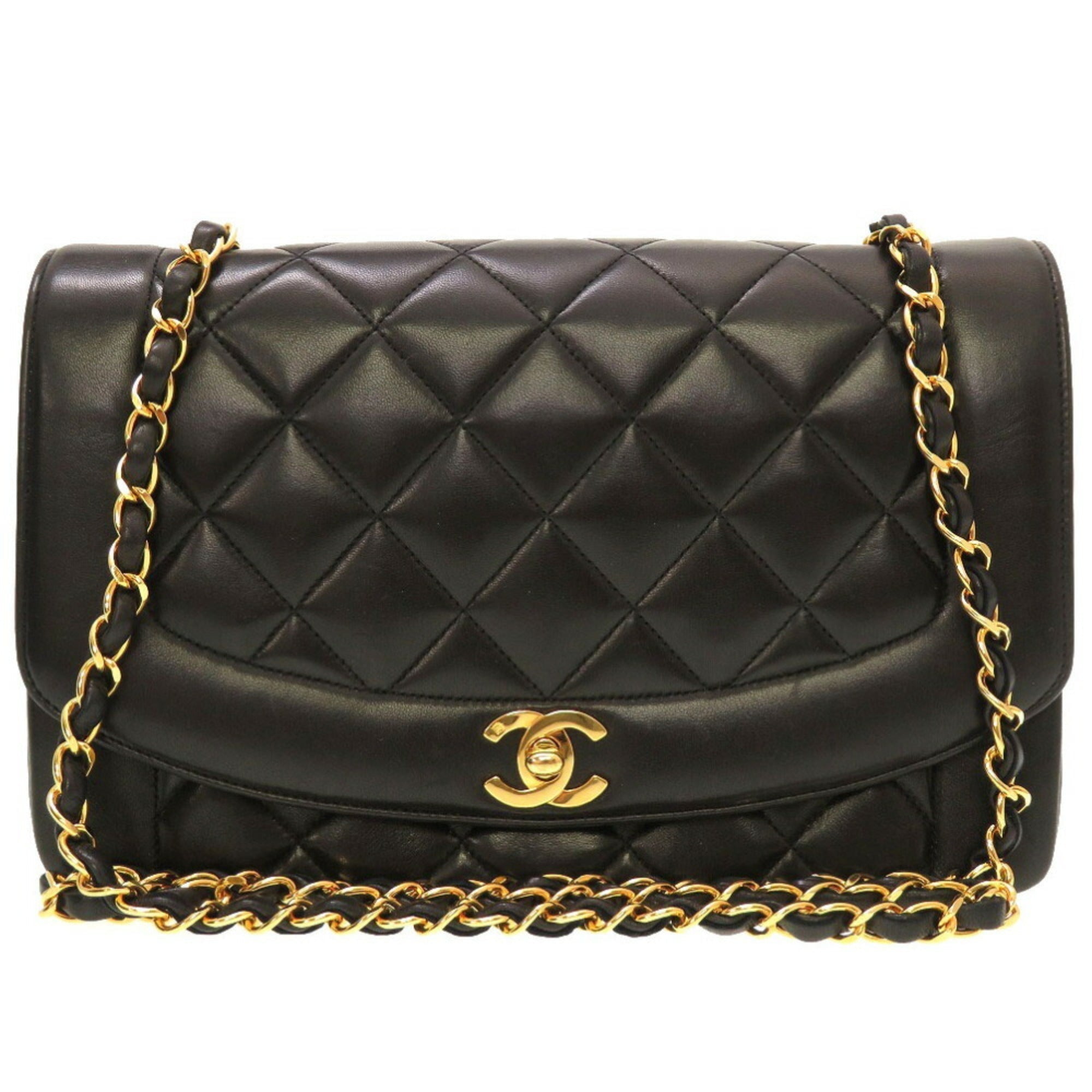 CHANEL Diana 25 Medium Matelasse Lambskin Black Gold Chain Shoulder Bag Cocomark Turnlock