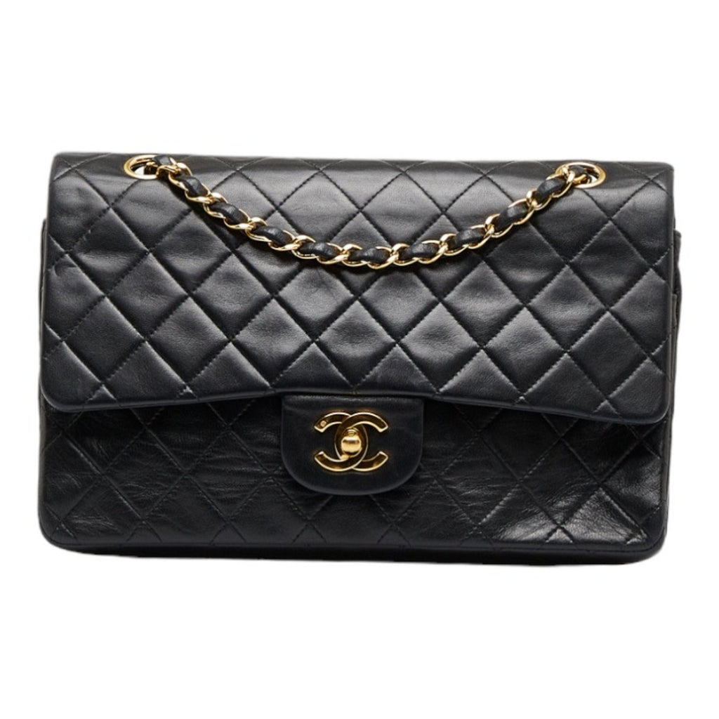 CHANEL matelasse 25 double flap chain shoulder bag black leather ladies