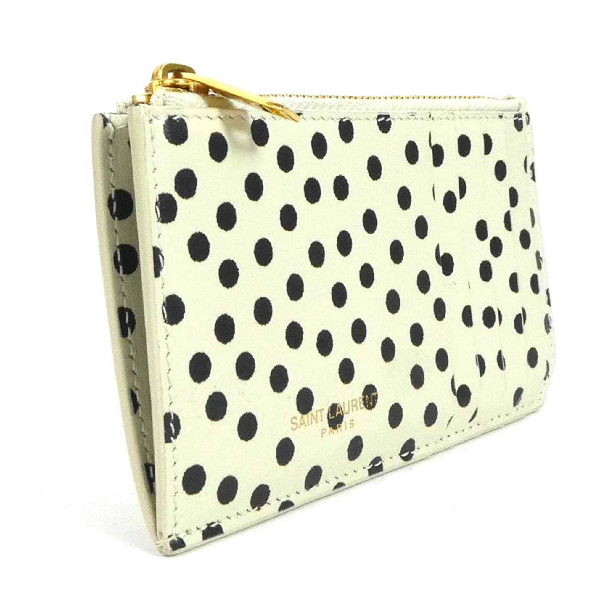 SAINT LAURENT Coin Case Leather Ivory x Black Gold Unisex 631992 55173f