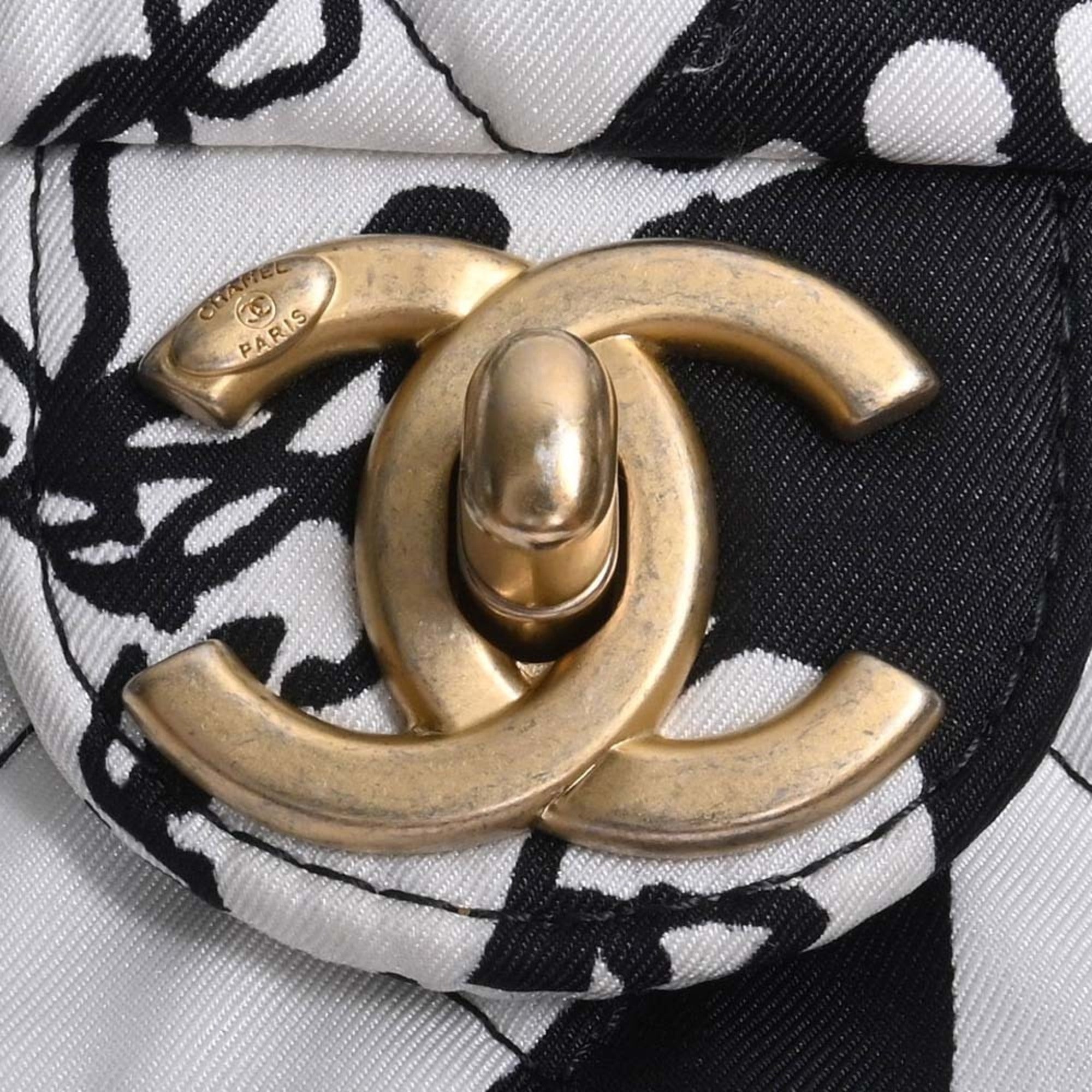 CHANEL Canvas Coco Mark Chain Handbag Black White Ladies