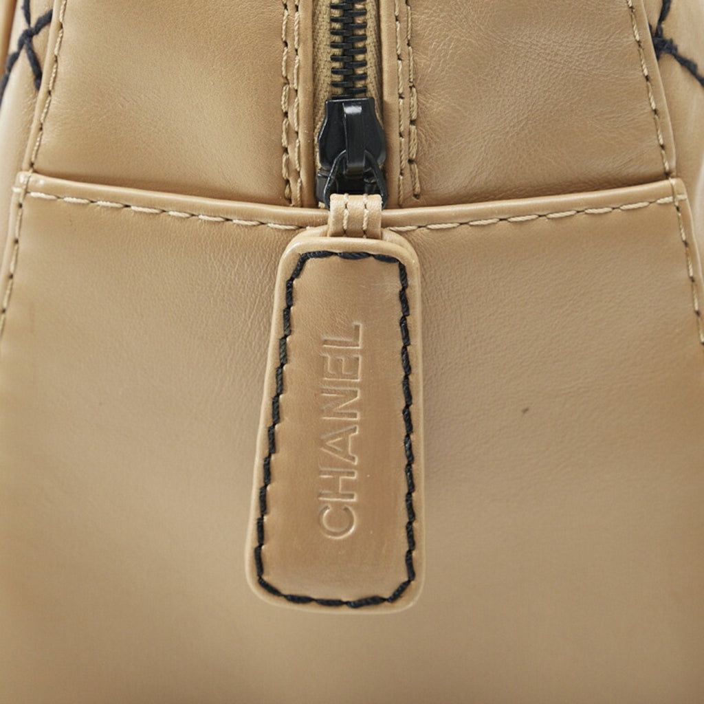 CHANEL Wild Stitch Coco Mark Handbag Boston Bag Beige Black Leather Ladies