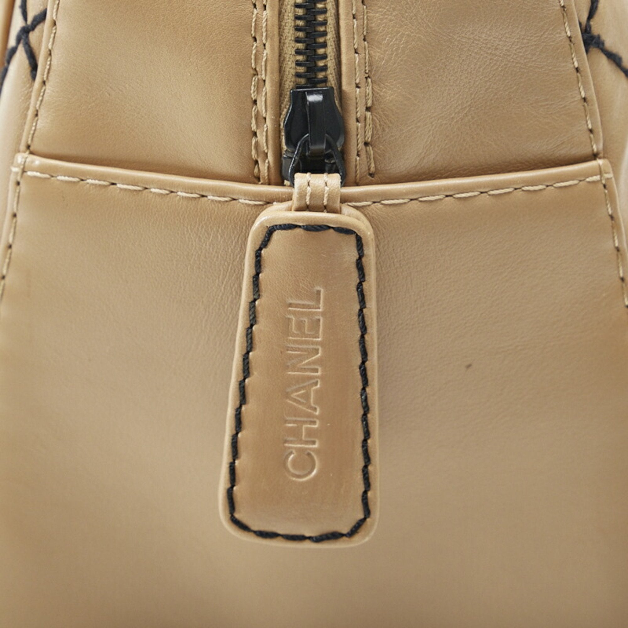 CHANEL Wild Stitch Coco Mark Handbag Boston Bag Beige Black Leather Ladies