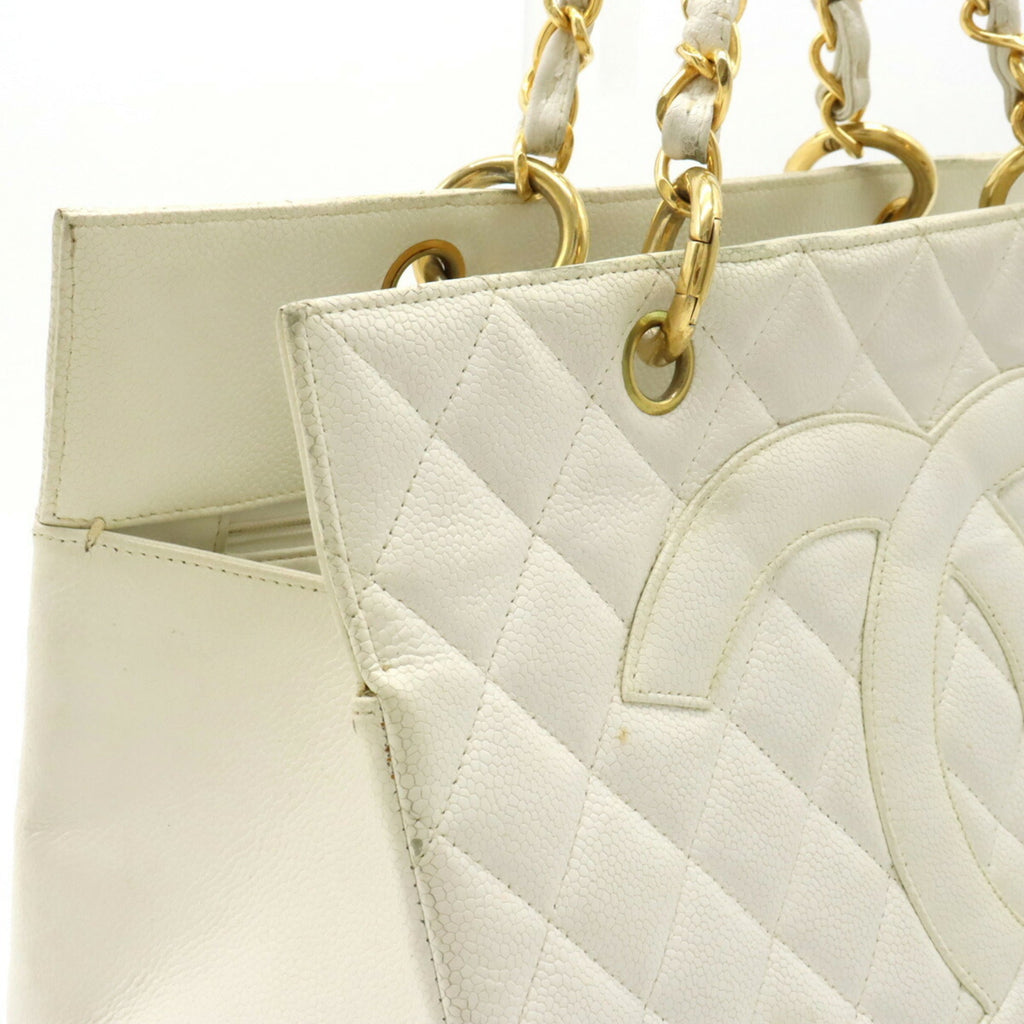 CHANEL Matelasse Coco Mark Chain Bag Tote Handbag Caviar Skin Leather White