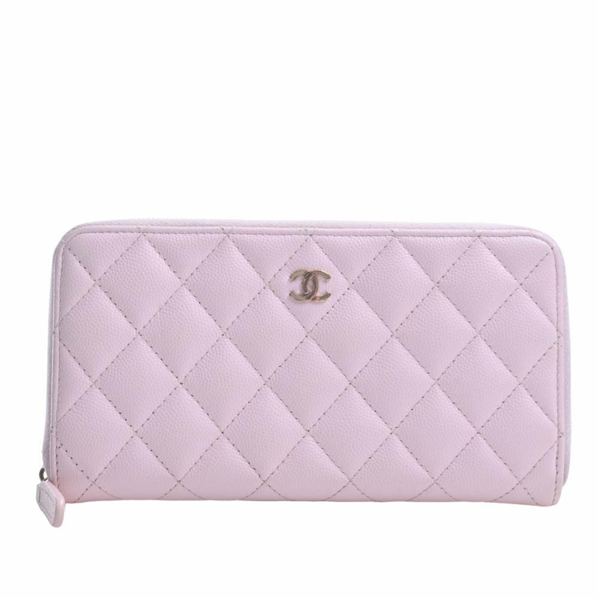 CHANEL Caviar Skin Matelasse Coco Mark Round Long Wallet Pink Ladies