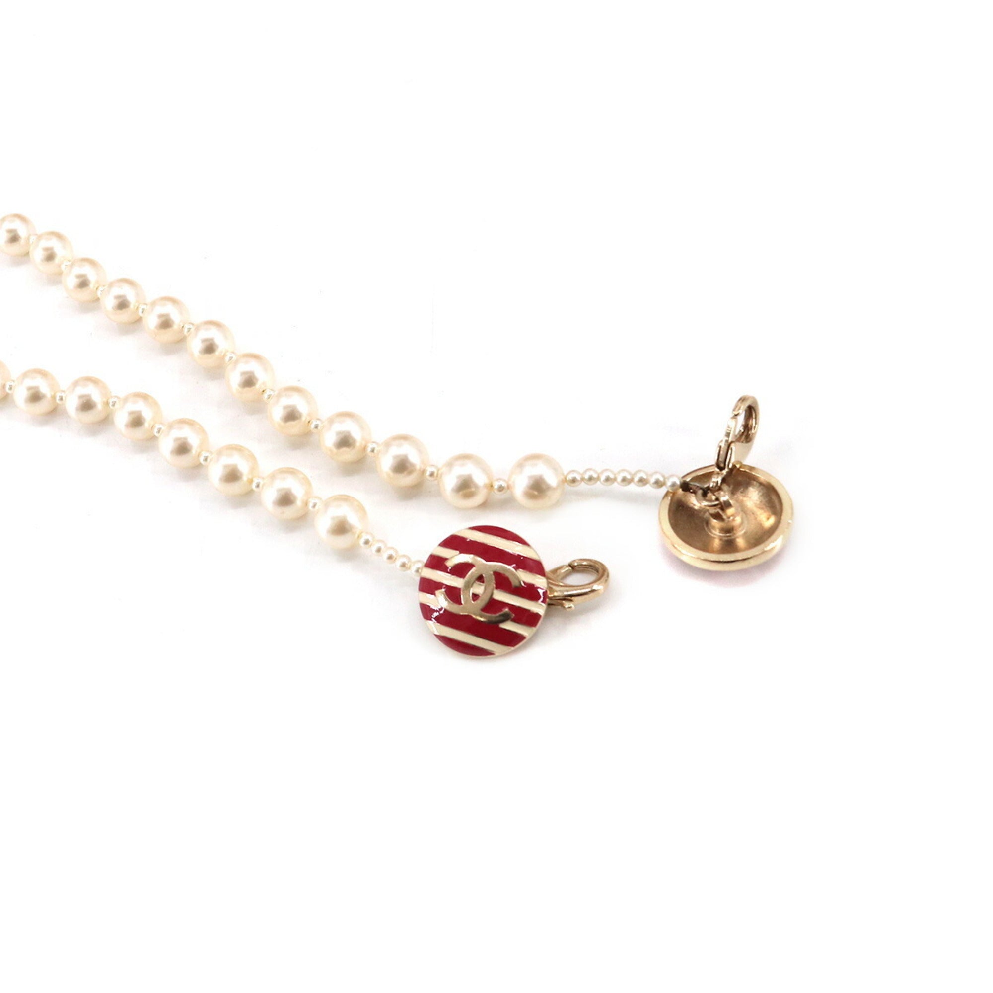 CHANEL Coco Sailor Matelasse Chain Shoulder Bag Pearl Strap Canvas Leather Beige Red Border A90100