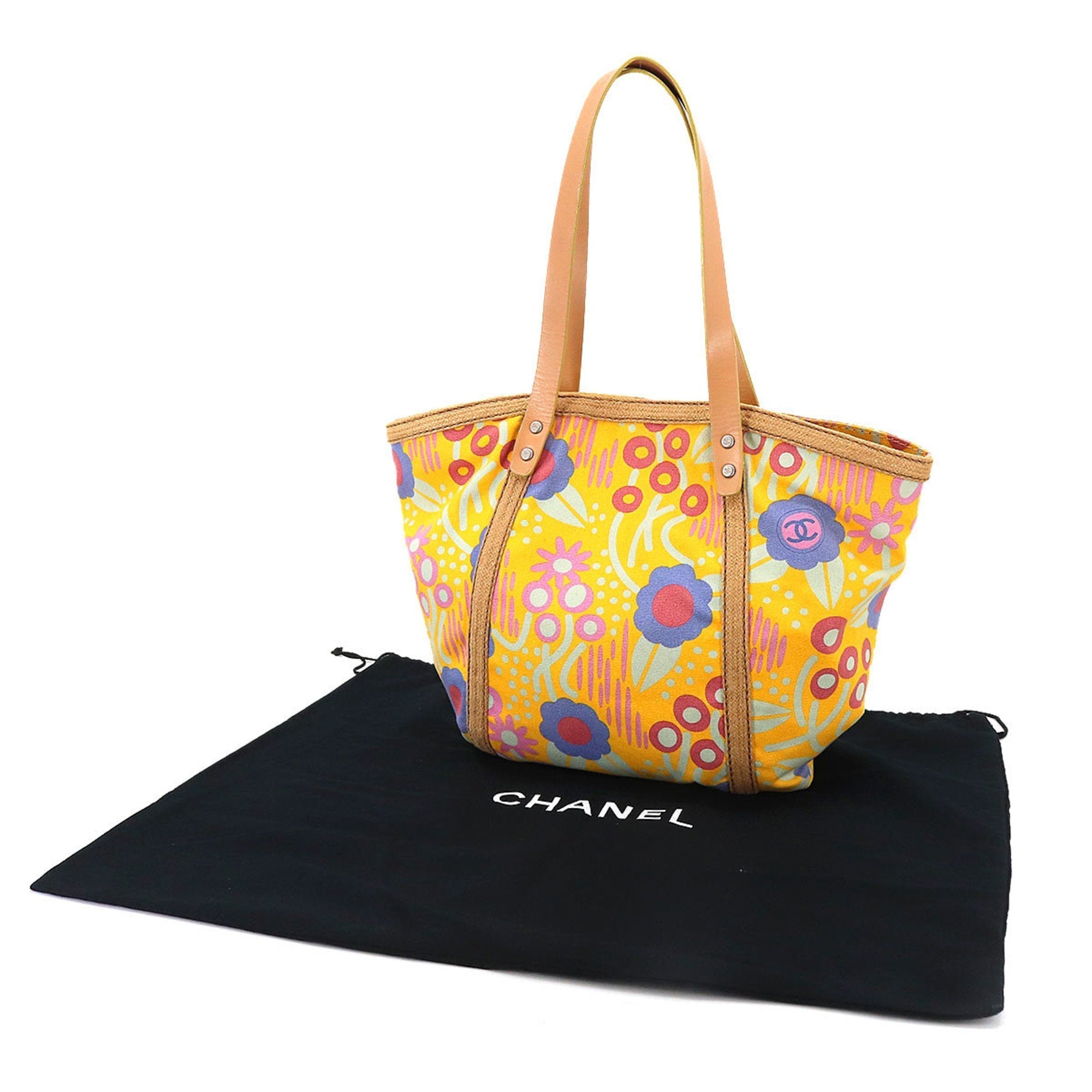 CHANEL high summer flower print tote bag canvas leather yellow multicolor A22078 silver metal fittings Deauville MM