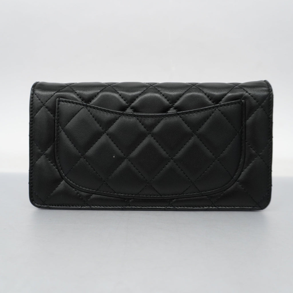 CHANELAuth  Matelasse Silver Metal Fittings Women's Lambskin Long Wallet Black