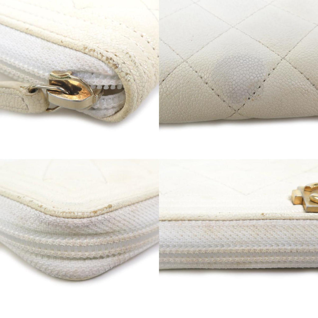 CHANEL Round Zipper Long Wallet Boy Caviar Skin Leather Off-White Gold Women's e55885i