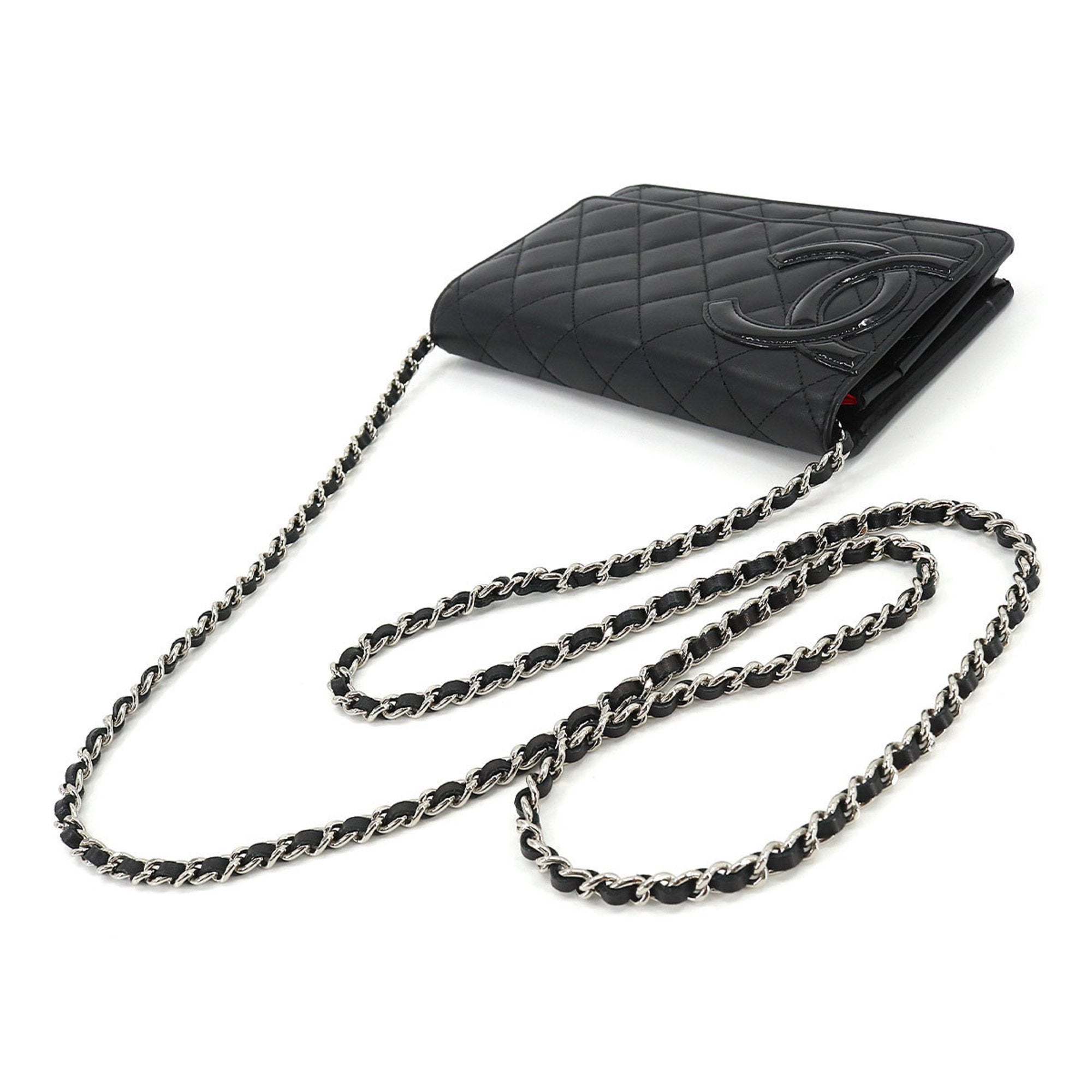 CHANEL cambon line chain wallet folio long leather enamel black silver metal fittings A46646 Cambon Line Chain Wallet