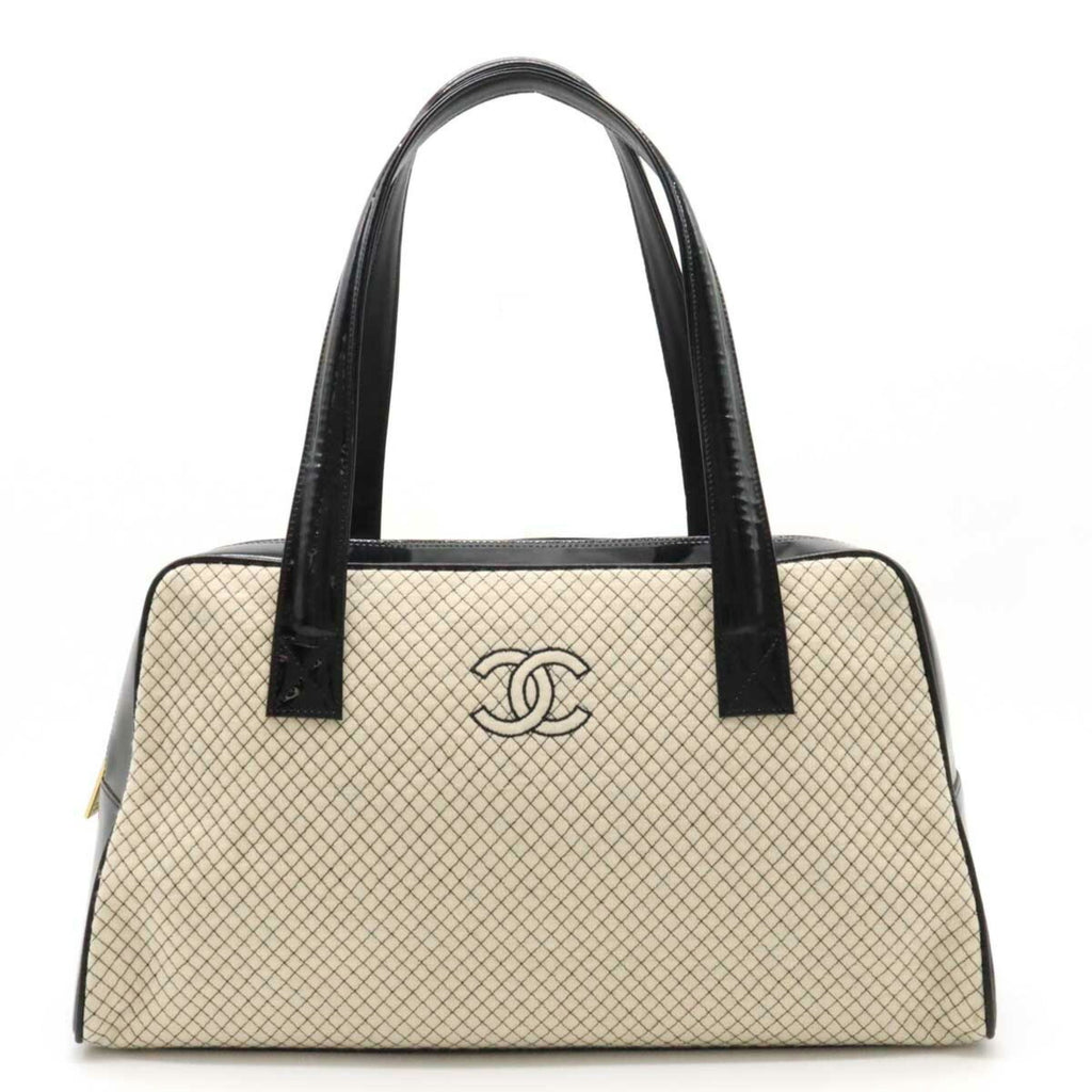 CHANEL Cocomark Quilted Bowling Bag Boston Shoulder Patent Leather Cotton Beige Black