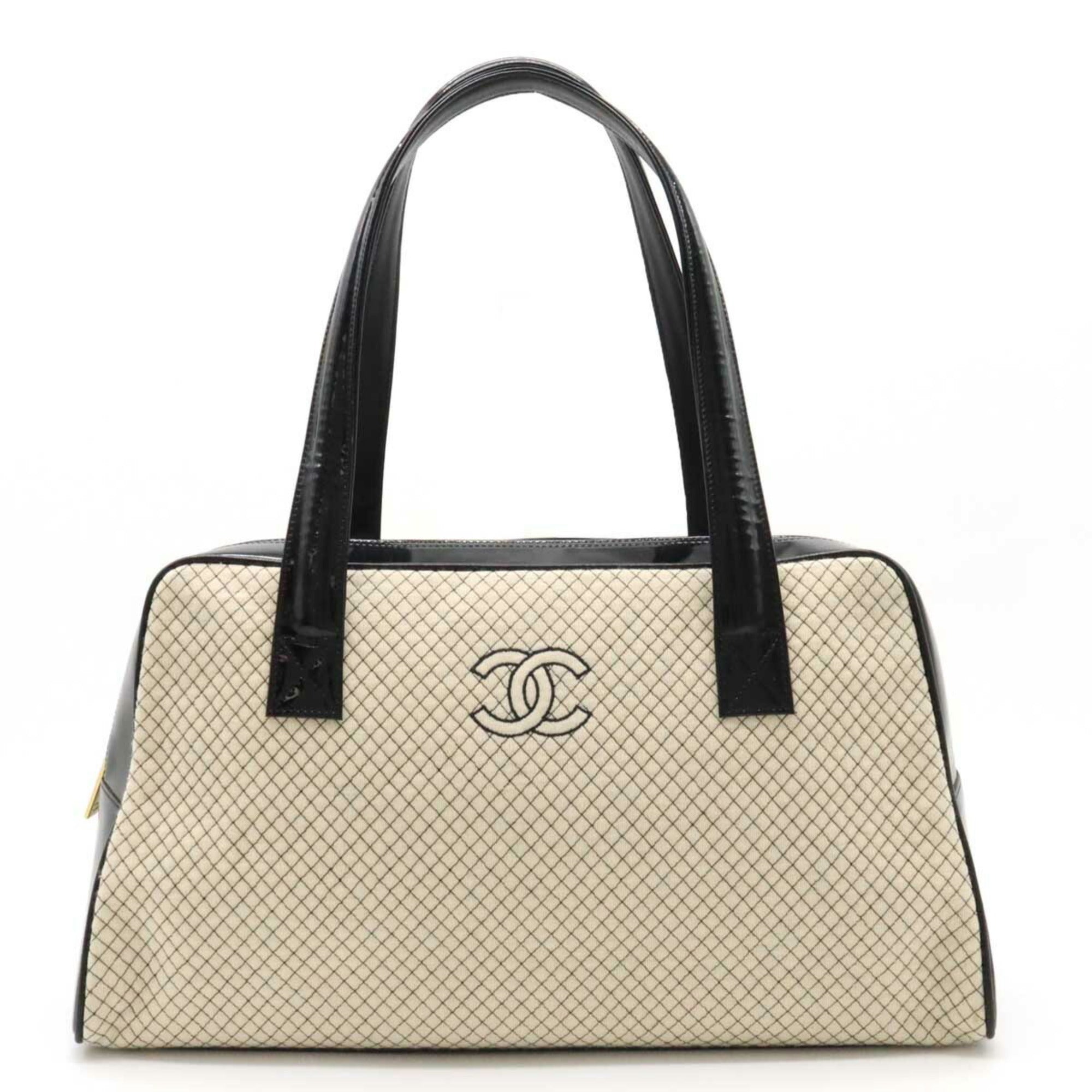 CHANEL Cocomark Quilted Bowling Bag Boston Shoulder Patent Leather Cotton Beige Black