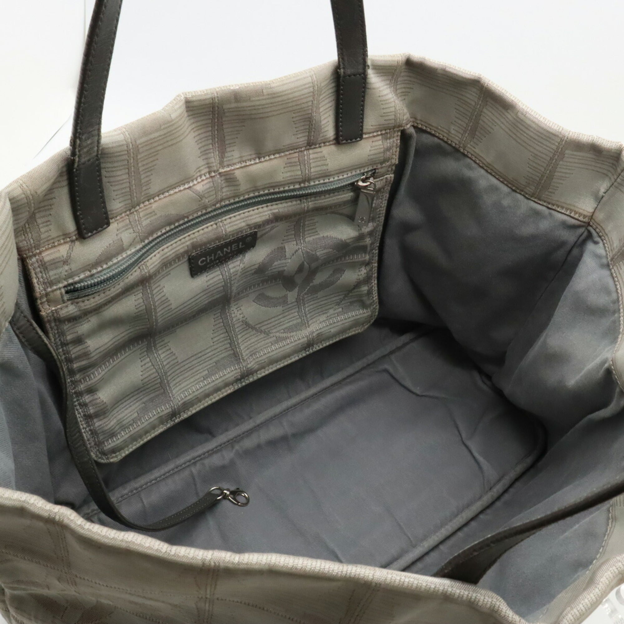 CHANEL New Line Large Tote Bag Shoulder Nylon Jacquard Leather Gray 7148