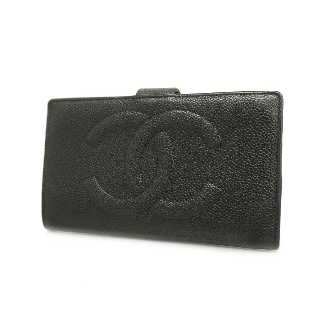 CHANEL[3cc2399]   long wallet caviar skin black gold metal