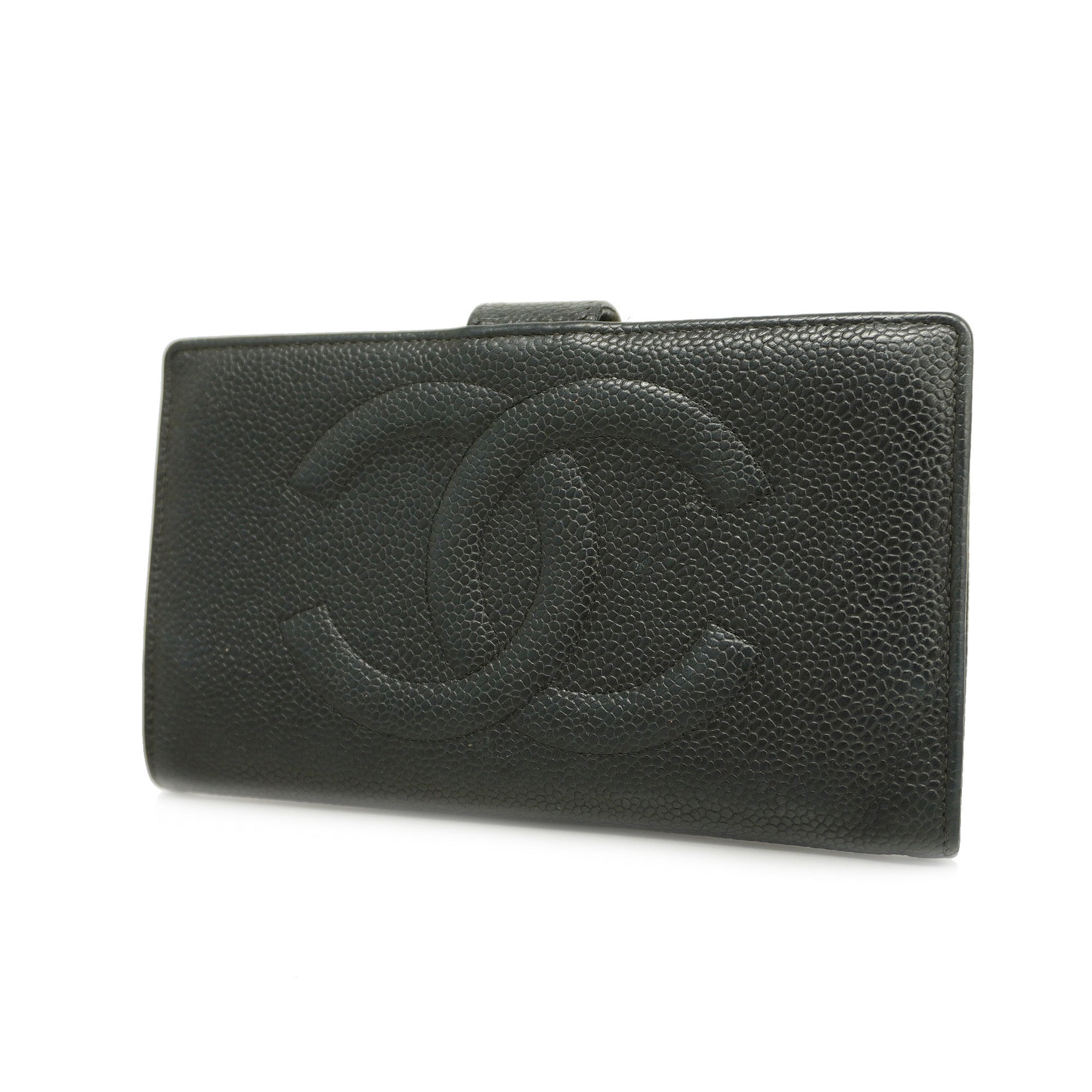CHANEL[3cc2399]   long wallet caviar skin black gold metal