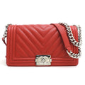 CHANEL Boy V Stitch Chain Shoulder Women's Bag A67086 Caviar Skin Red