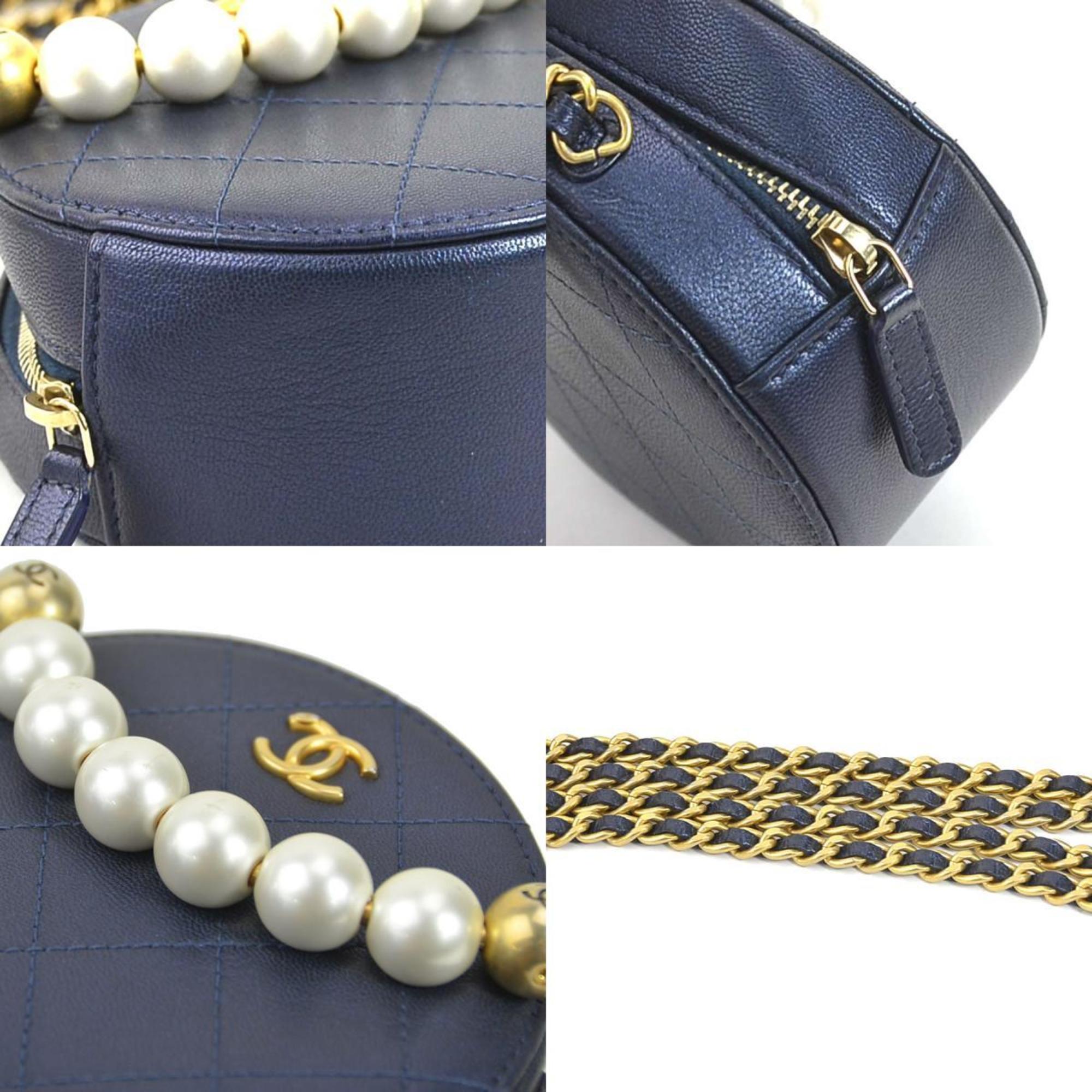 CHANEL Crossbody Shoulder Bag Pochette Coco Mark Leather/Metal/Fake Pearl Navy/Gold/Off-White Women's