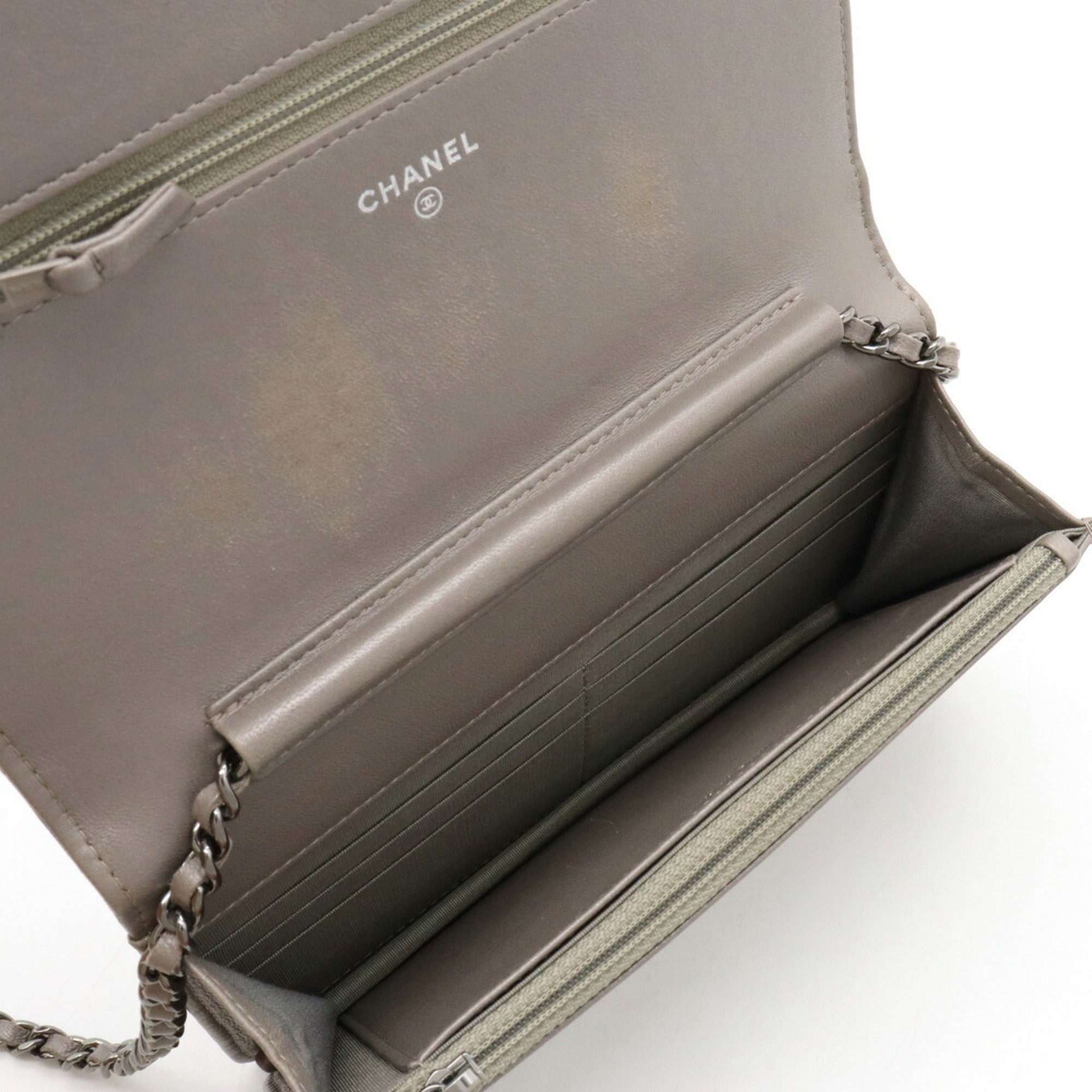 CHANEL Matelasse Coco Mark Chain Shoulder Bag Pochette Metallic Leather Gray